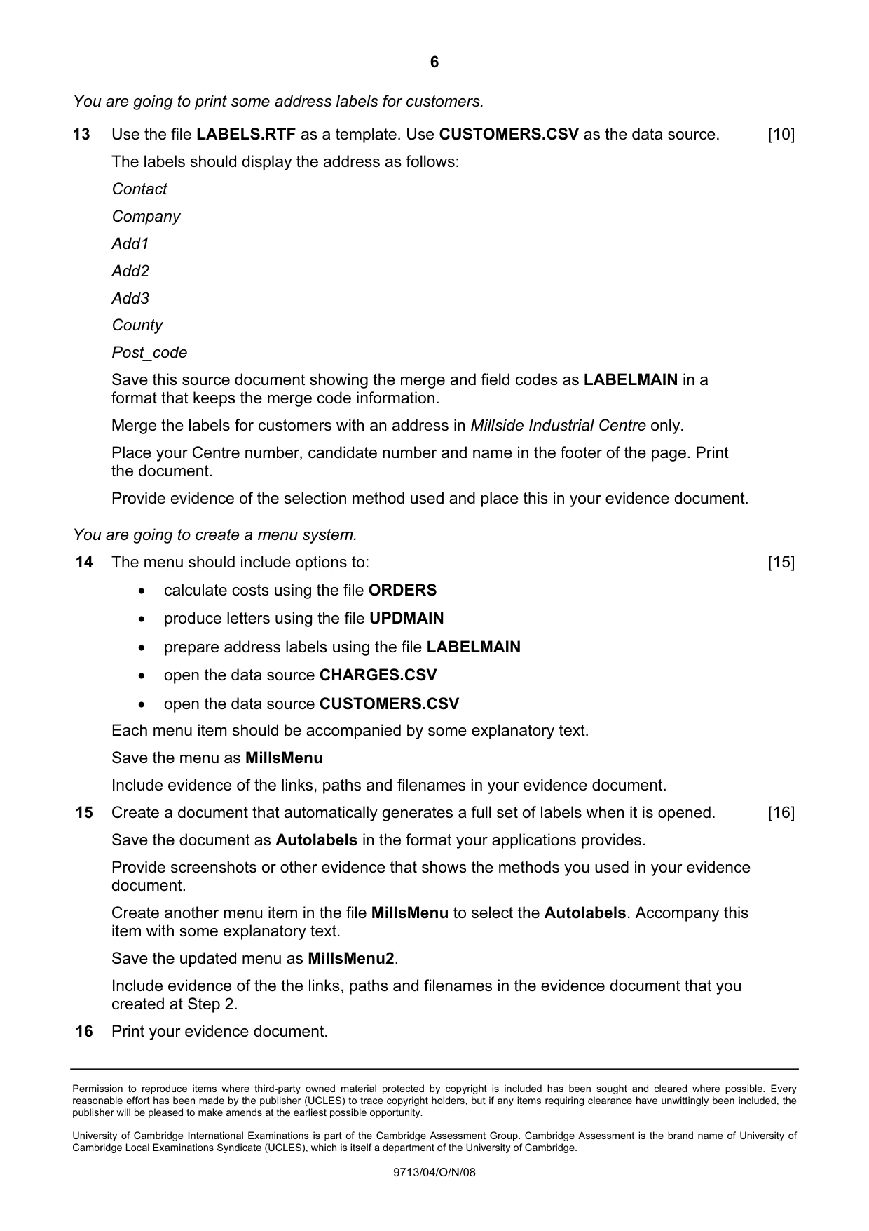 Cambridge A Level Applied Information and Communication Technology 9713 2008 Oct/Nov Paper 4 · Variant 1 question paper, page 6 of 6