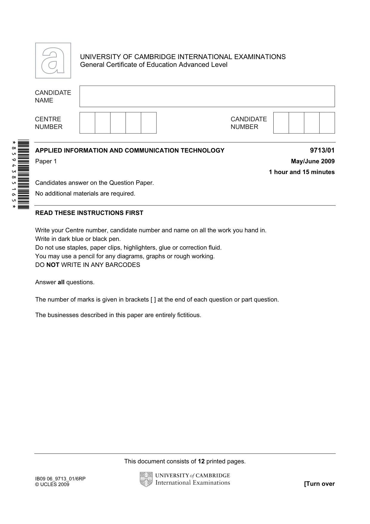 Cambridge A Level Applied Information and Communication Technology 9713 2009 May/June Paper 1 · Variant 1 question paper, page 1 of 12