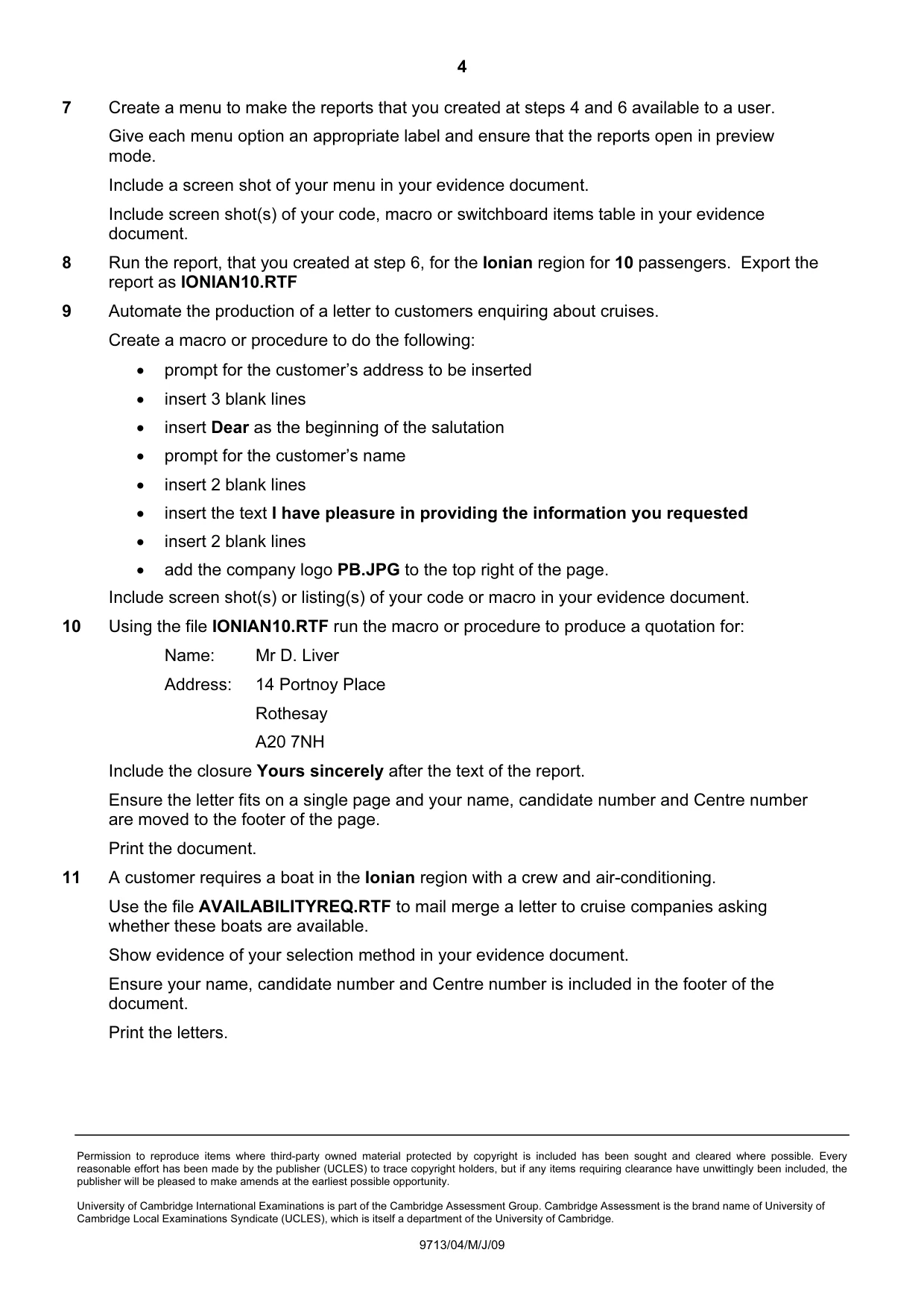 Cambridge A Level Applied Information and Communication Technology 9713 2009 May/June Paper 4 · Variant 1 question paper, page 4 of 4
