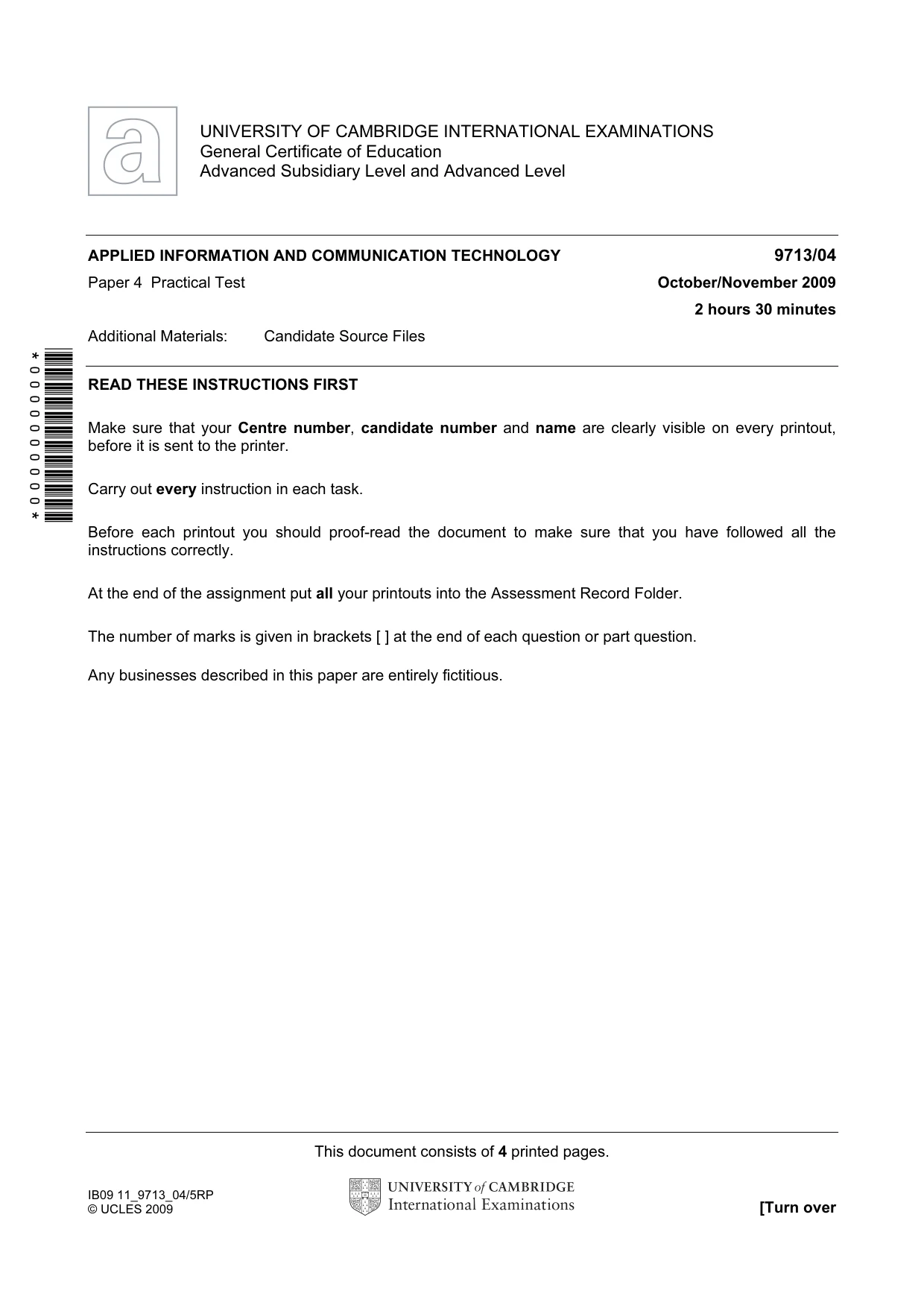 Cambridge A Level Applied Information and Communication Technology 9713 2009 Oct/Nov Paper 4 · Variant 1 question paper, page 1 of 4