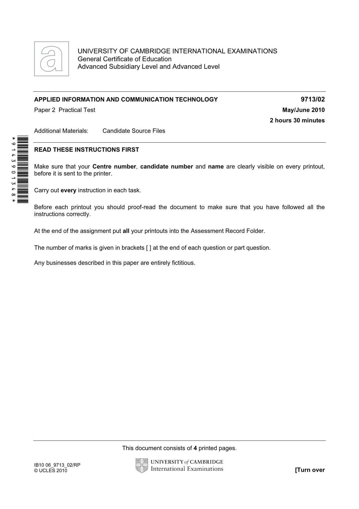 Cambridge A Level Applied Information and Communication Technology 9713 2010 May/June Paper 2 · Variant 1 question paper, page 1 of 4