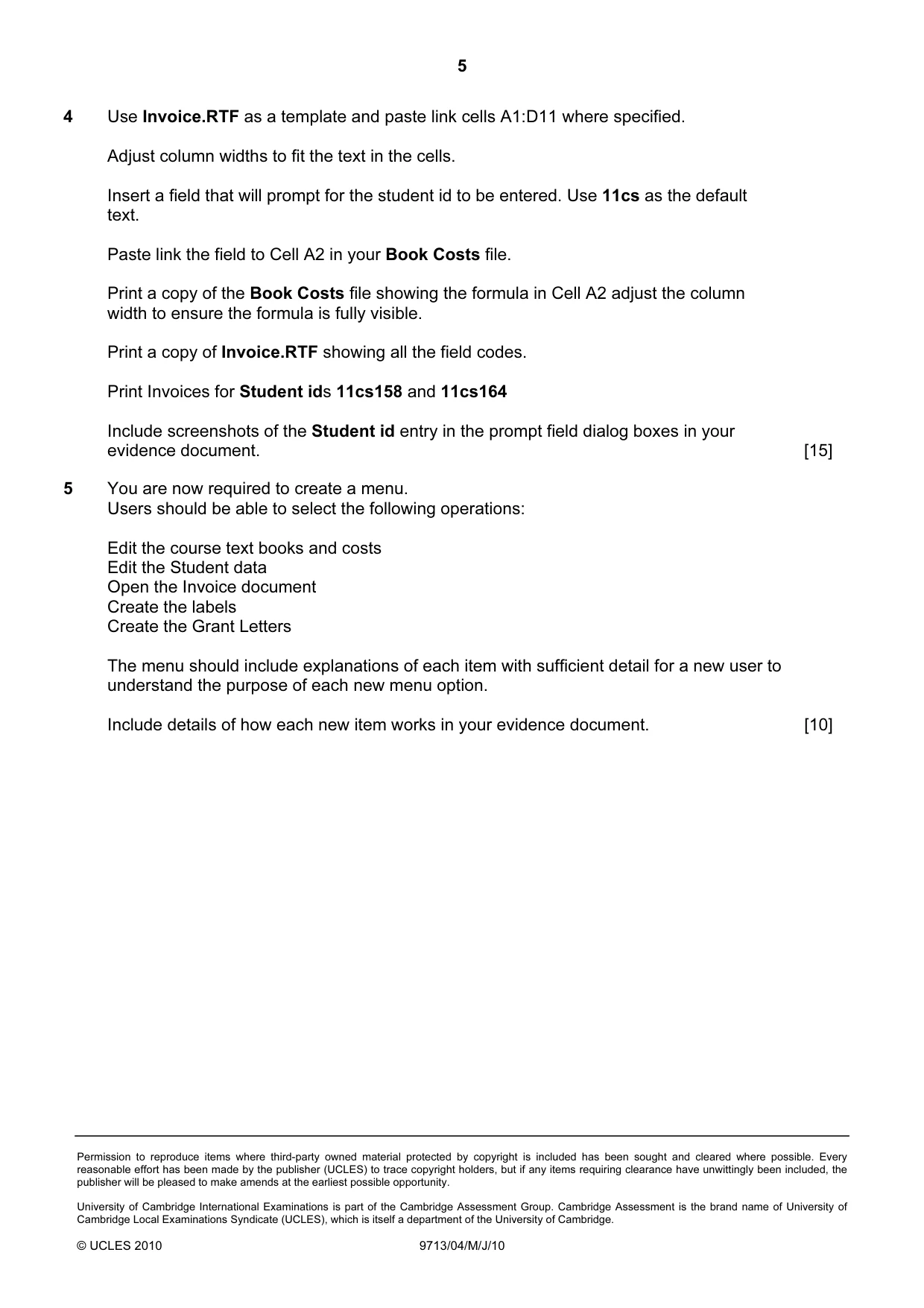 Cambridge A Level Applied Information and Communication Technology 9713 2010 May/June Paper 4 · Variant 1 question paper, page 5 of 5
