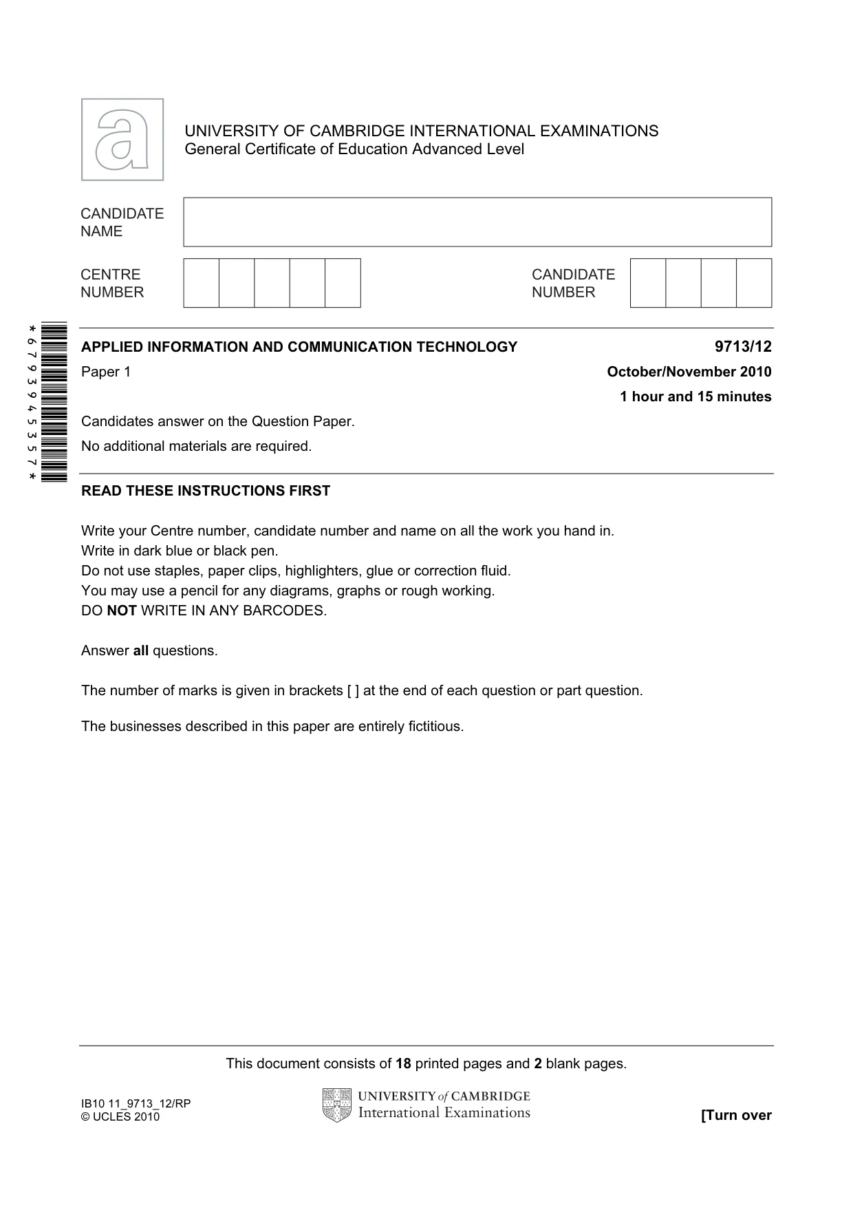 Cambridge A Level Applied Information and Communication Technology 9713 2010 Oct/Nov Paper 1 · Variant 2 question paper, page 1 of 20