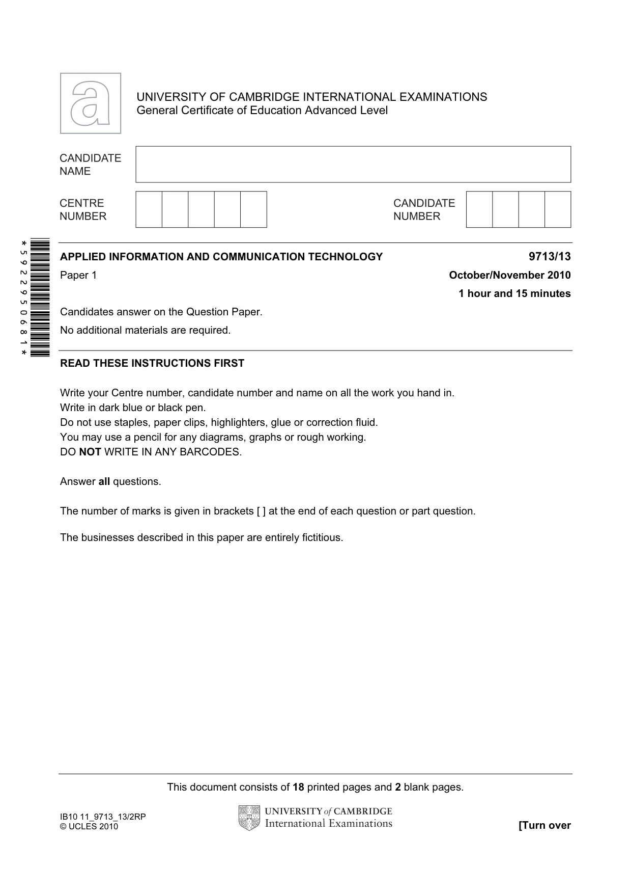 Cambridge A Level Applied Information and Communication Technology 9713 2010 Oct/Nov Paper 1 · Variant 3 question paper, page 1 of 20