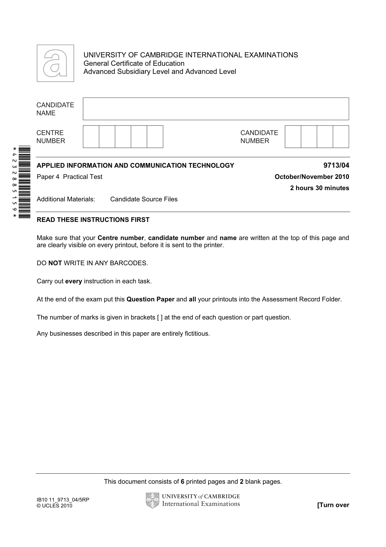 Cambridge A Level Applied Information and Communication Technology 9713 2010 Oct/Nov Paper 4 · Variant 1 question paper, page 1 of 8