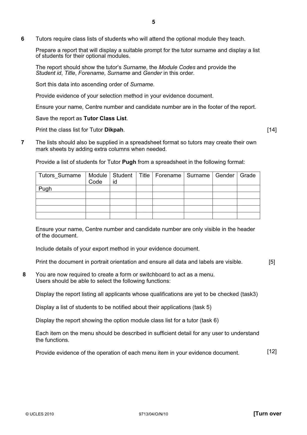 Cambridge A Level Applied Information and Communication Technology 9713 2010 Oct/Nov Paper 4 · Variant 1 question paper, page 5 of 8