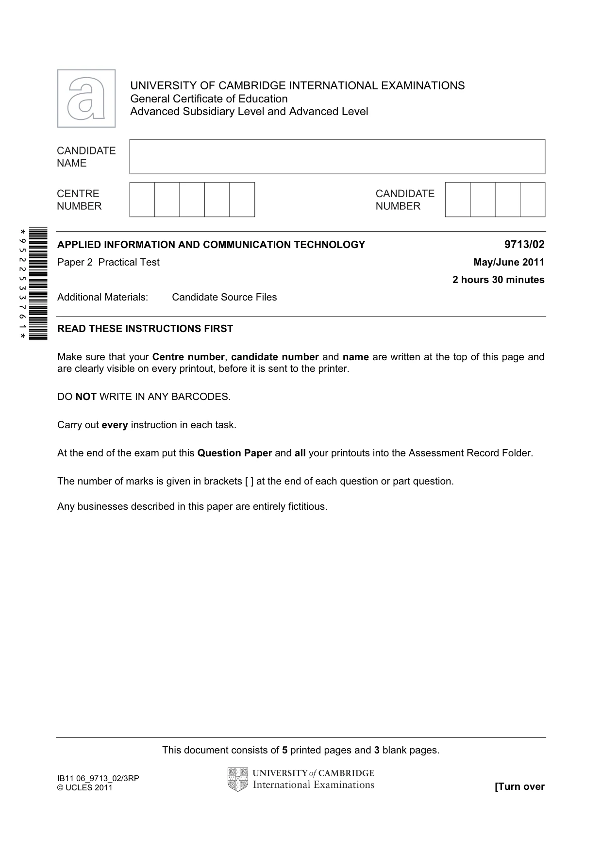 Cambridge A Level Applied Information and Communication Technology 9713 2011 May/June Paper 2 · Variant 1 question paper, page 1 of 8