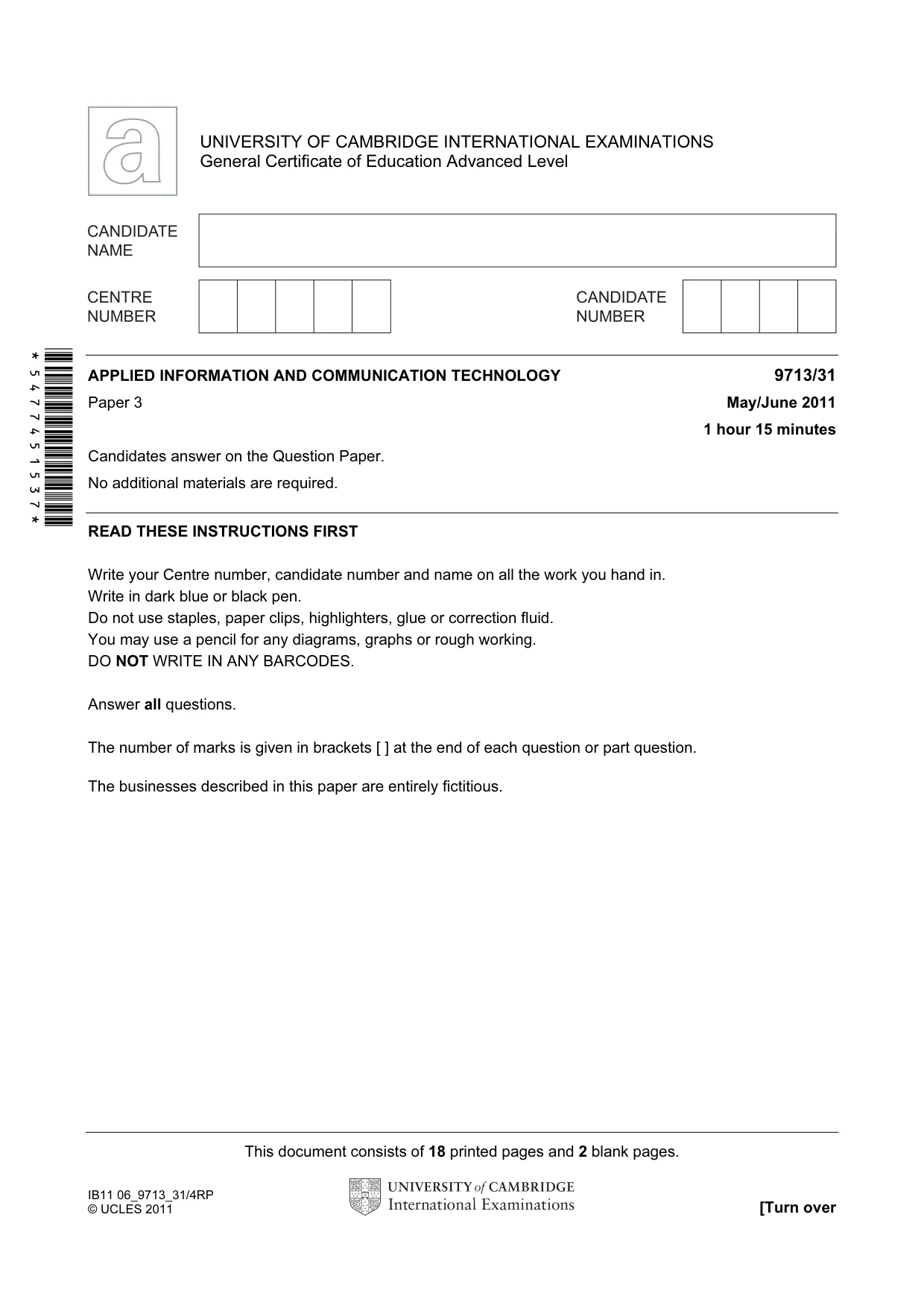 Cambridge A Level Applied Information and Communication Technology 9713 2011 May/June Paper 3 · Variant 1 question paper, page 1 of 20