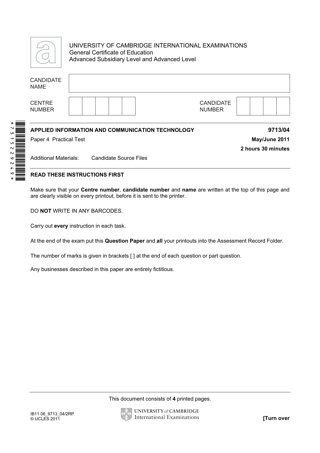 Cambridge A Level Applied Information and Communication Technology 9713 2011 May/June Paper 4 · Variant 1 question paper, page 1 of 4
