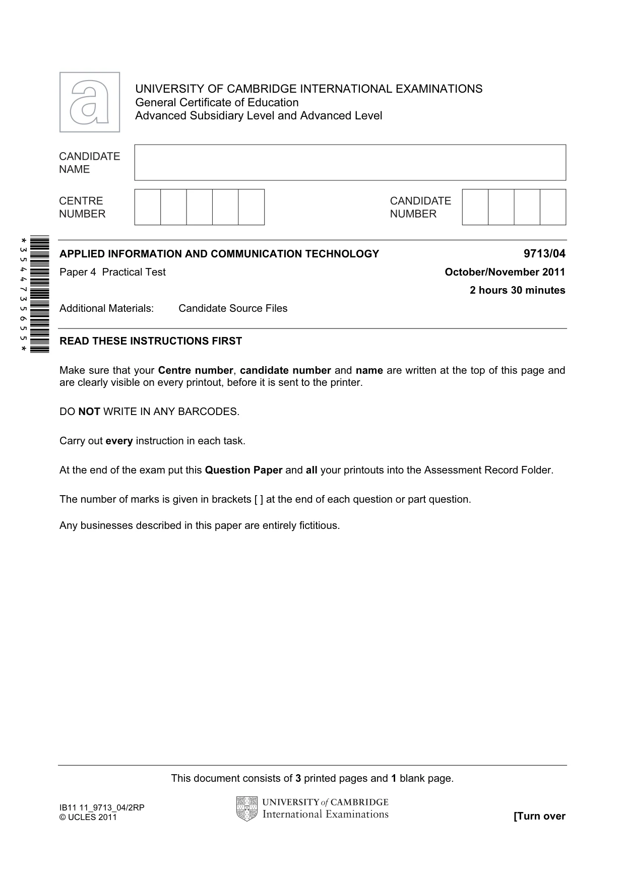 Cambridge A Level Applied Information and Communication Technology 9713 2011 Oct/Nov Paper 4 · Variant 1 question paper, page 1 of 4