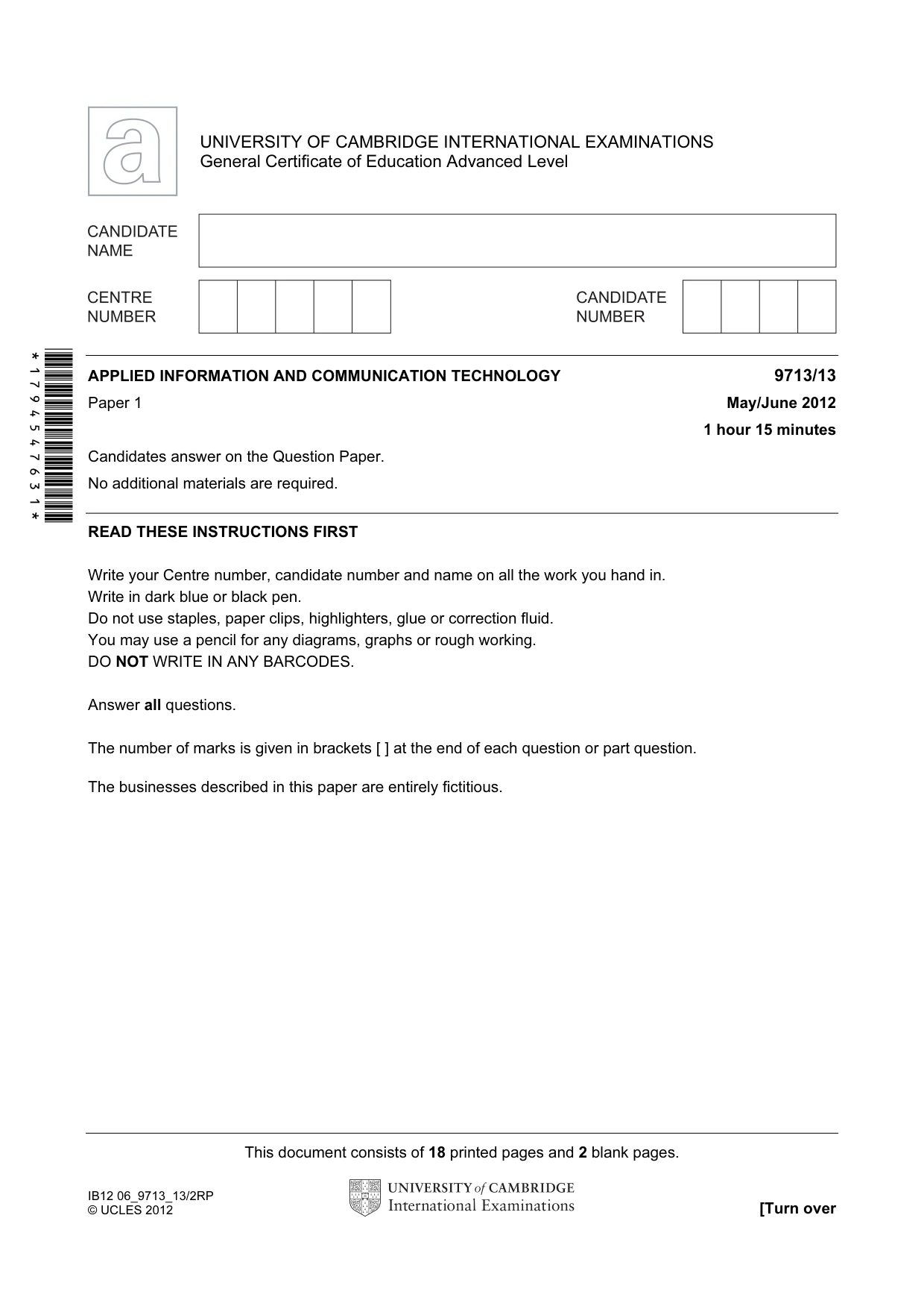 Cambridge A Level Applied Information and Communication Technology 9713 2012 May/June Paper 1 · Variant 3 question paper, page 1 of 20