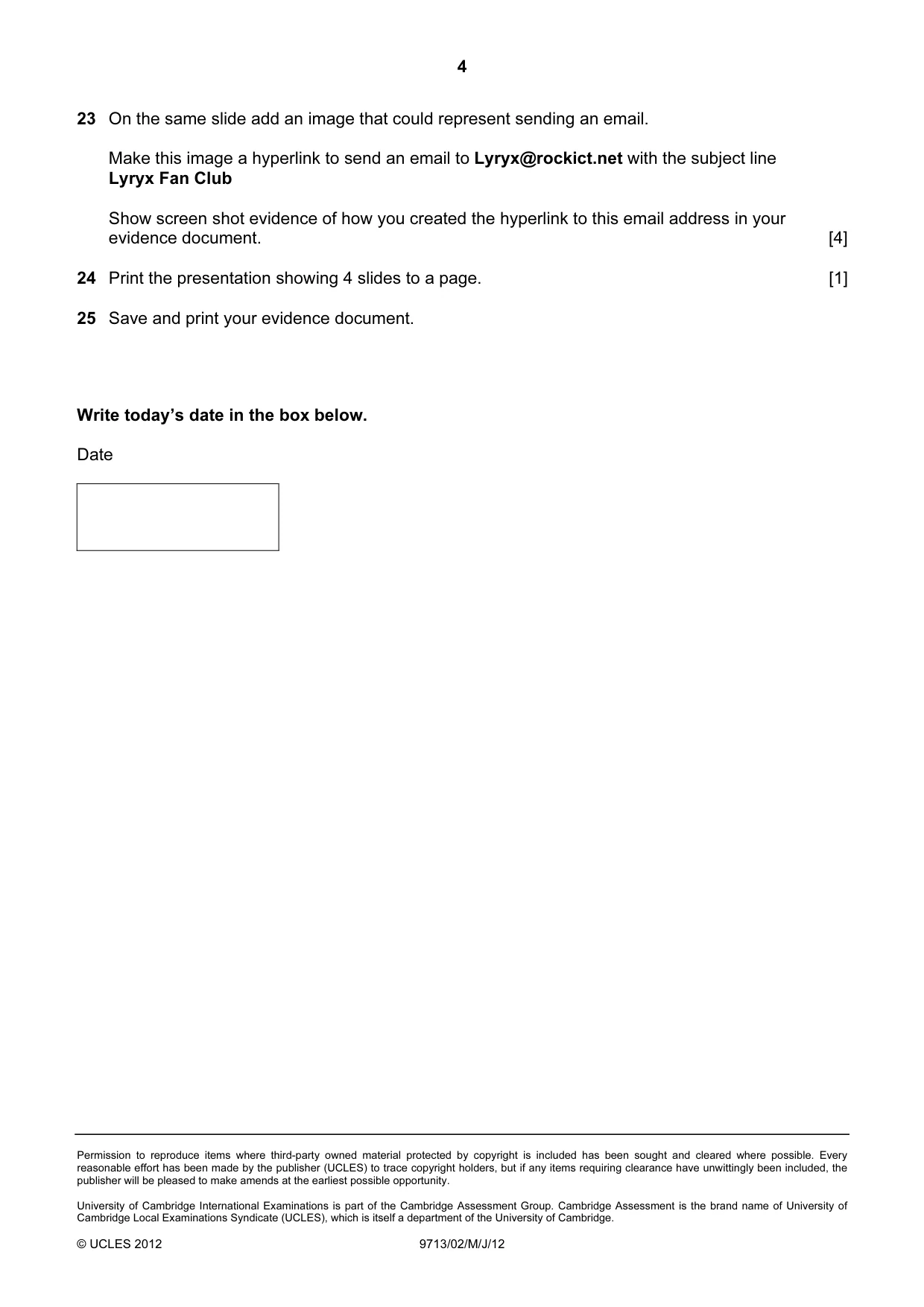 Cambridge A Level Applied Information and Communication Technology 9713 2012 May/June Paper 2 · Variant 1 question paper, page 4 of 4