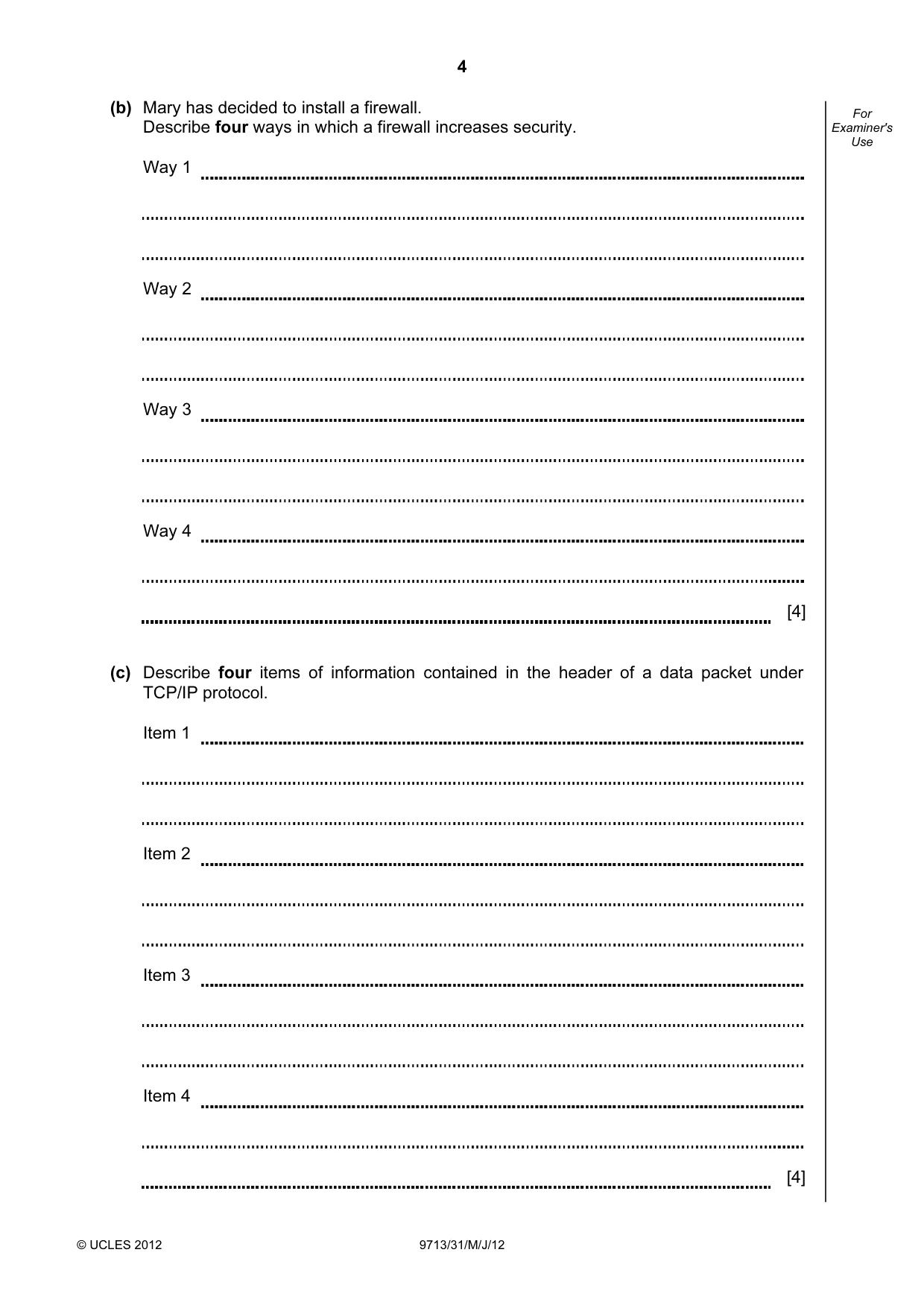 Cambridge A Level Applied Information and Communication Technology 9713 2012 May/June Paper 3 · Variant 1 question paper, page 4 of 16