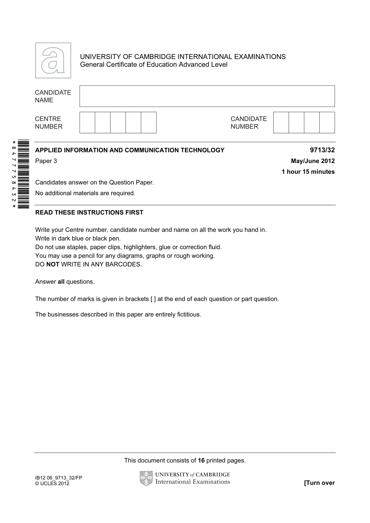 Cambridge A Level Applied Information and Communication Technology 9713 2012 May/June Paper 3 · Variant 2 question paper, page 1 of 16