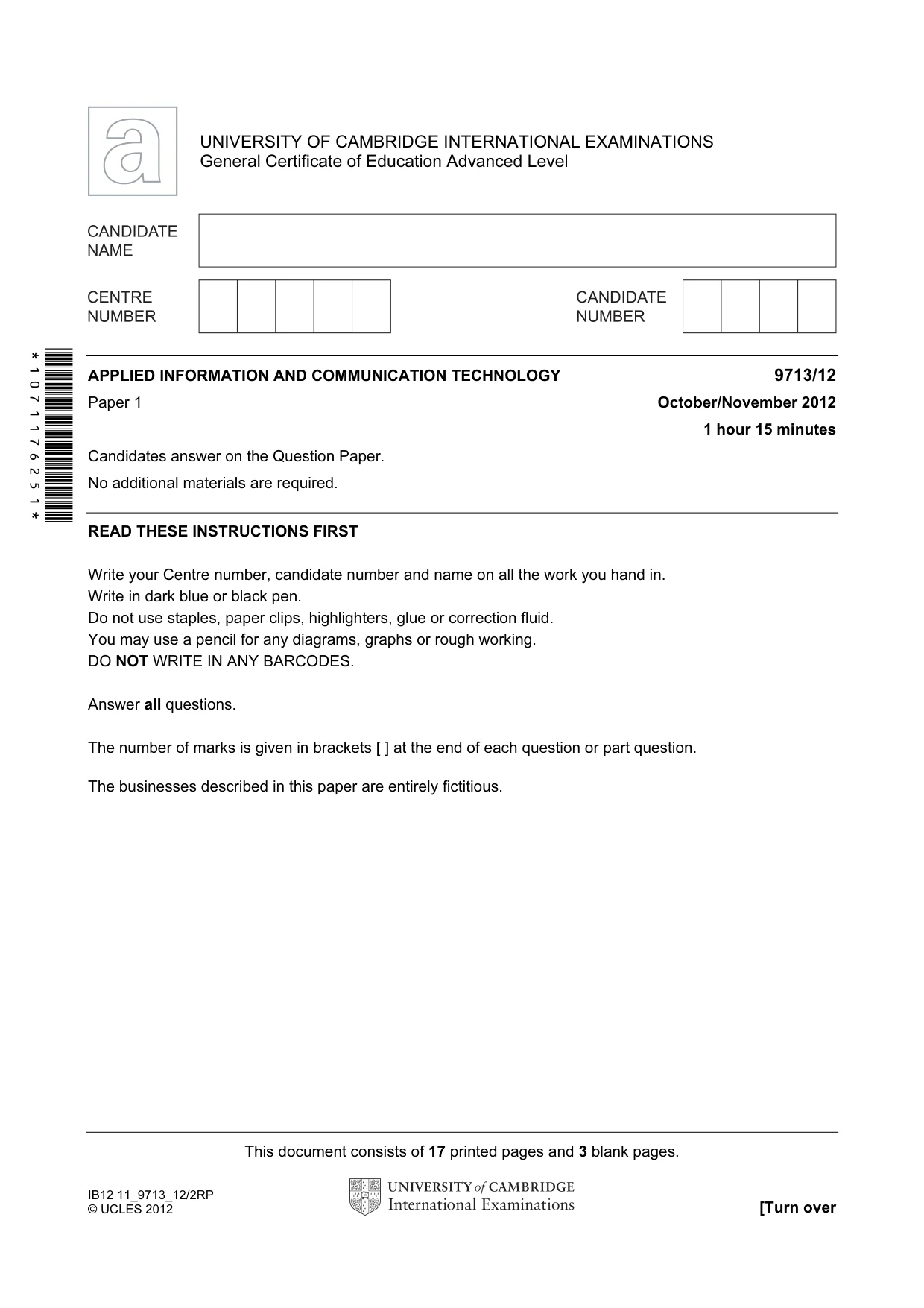 Cambridge A Level Applied Information and Communication Technology 9713 2012 Oct/Nov Paper 1 · Variant 2 question paper, page 1 of 20