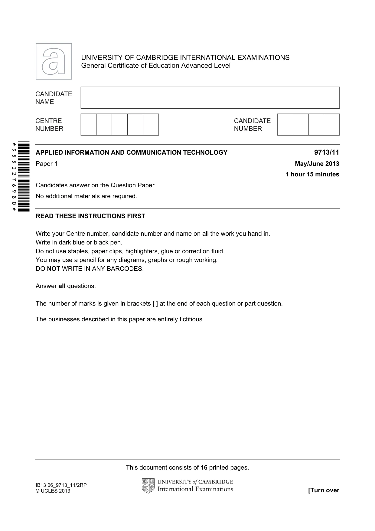 Cambridge A Level Applied Information and Communication Technology 9713 2013 May/June Paper 1 · Variant 1 question paper, page 1 of 16