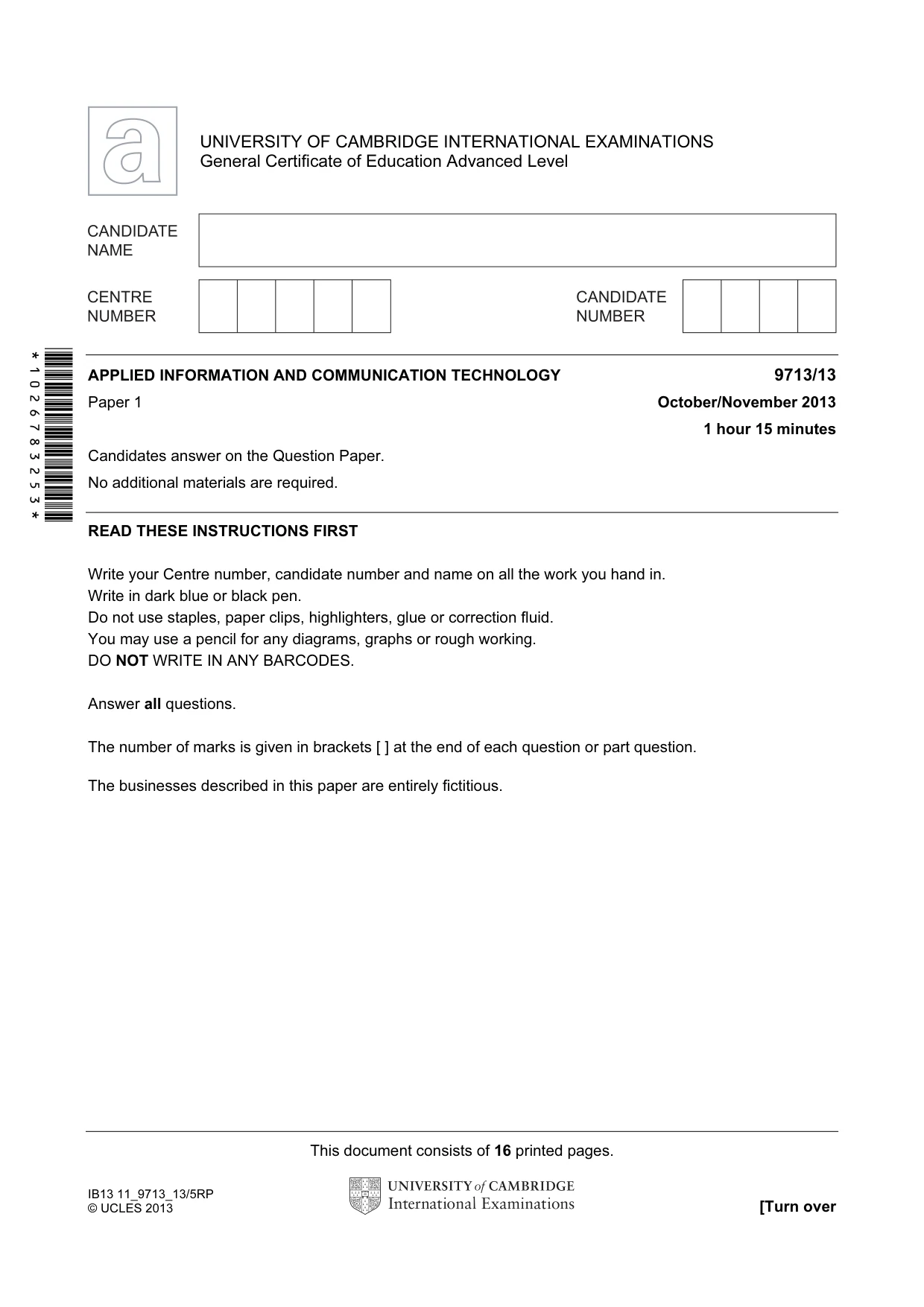 Cambridge A Level Applied Information and Communication Technology 9713 2013 Oct/Nov Paper 1 · Variant 3 question paper, page 1 of 16