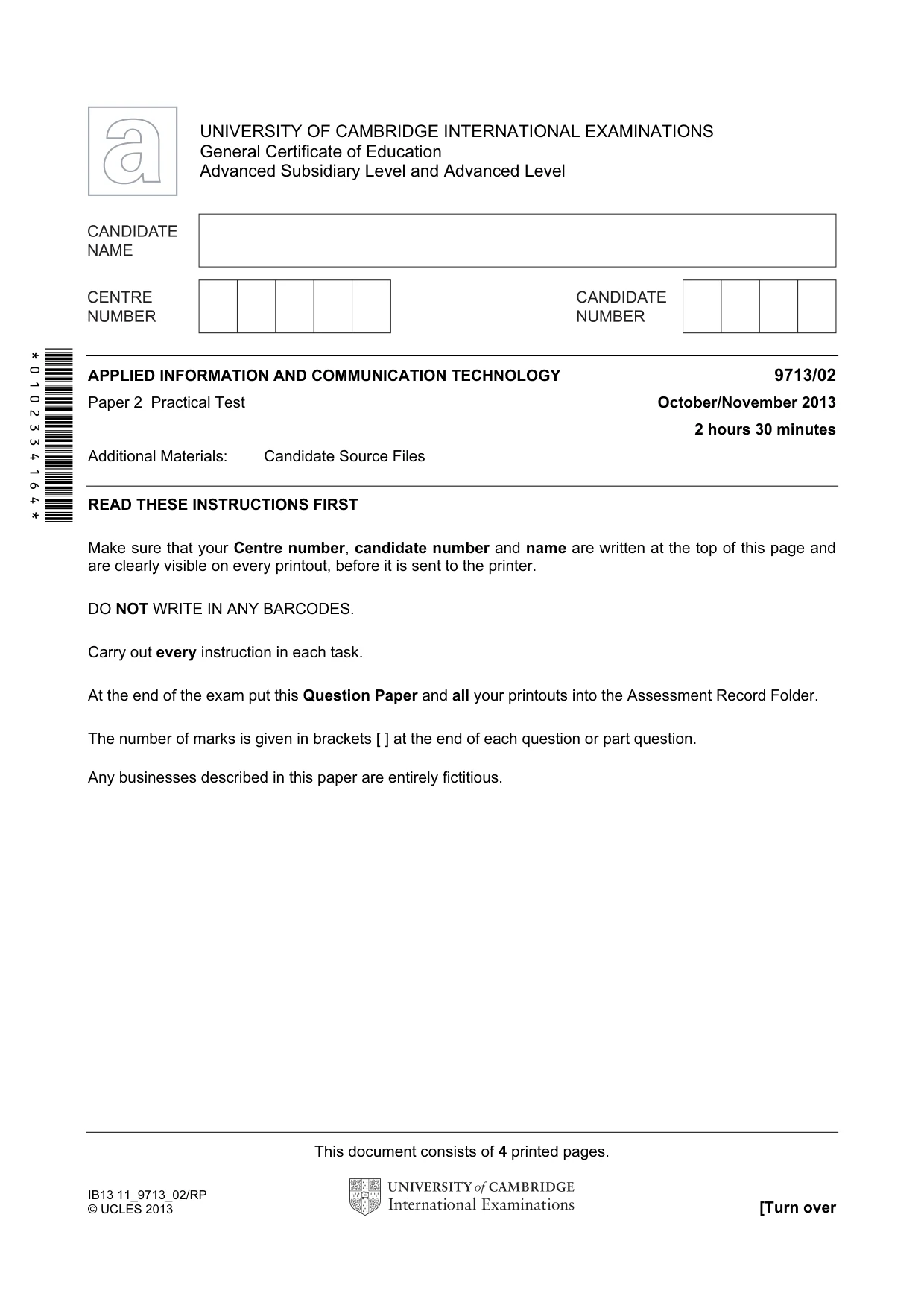 Cambridge A Level Applied Information and Communication Technology 9713 2013 Oct/Nov Paper 2 · Variant 1 question paper, page 1 of 4