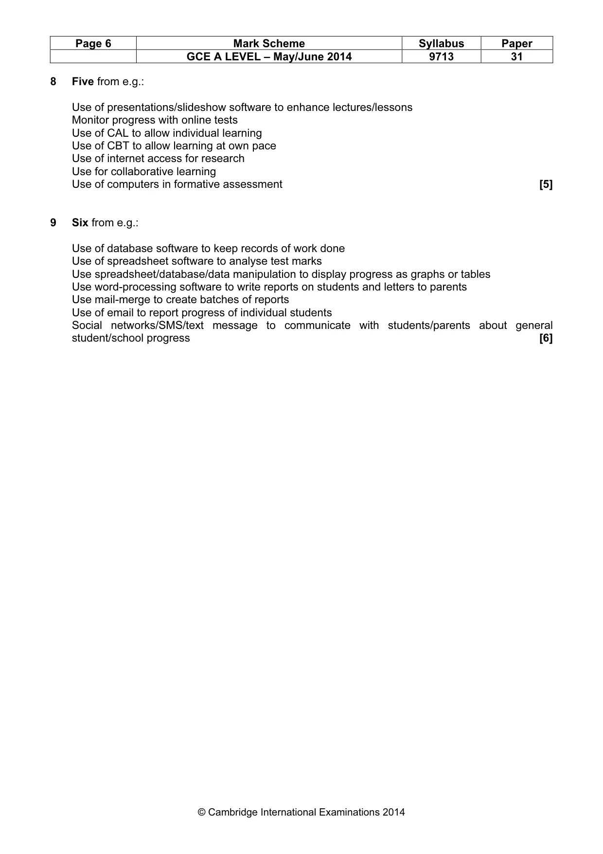 Mark scheme, page 6 of 7