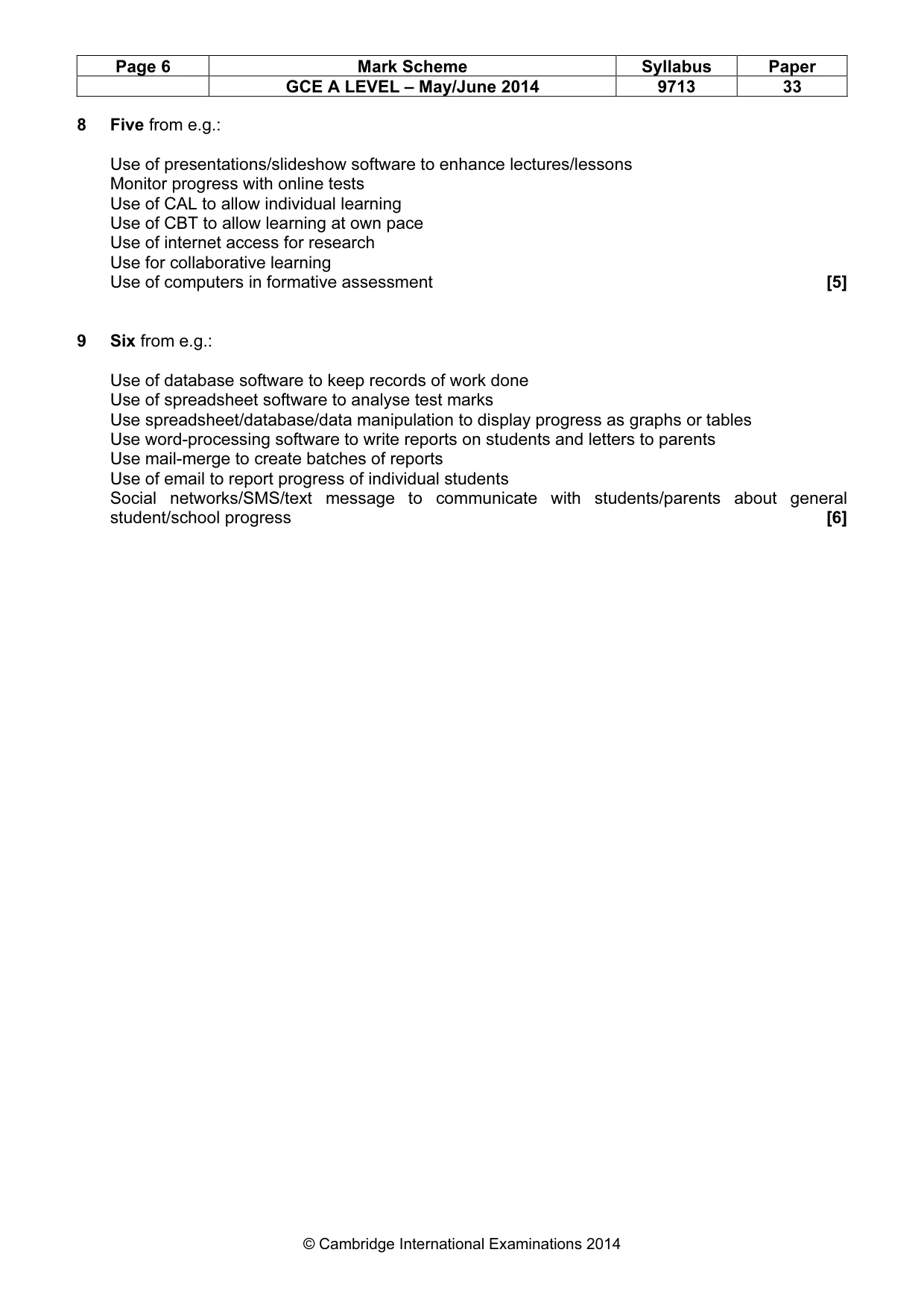 Mark scheme, page 6 of 7