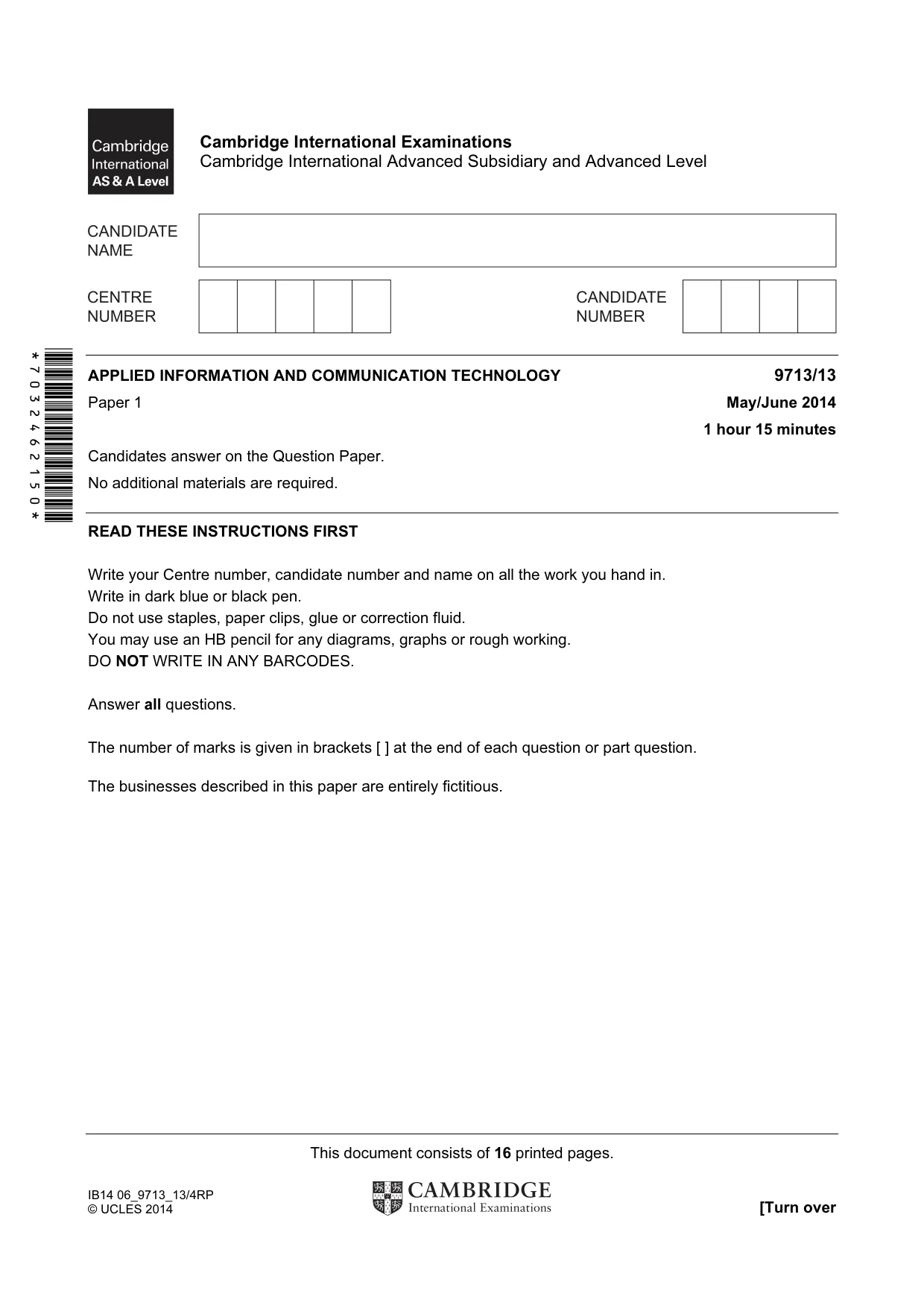 Cambridge A Level Applied Information and Communication Technology 9713 2014 May/June Paper 1 · Variant 3 question paper, page 1 of 16