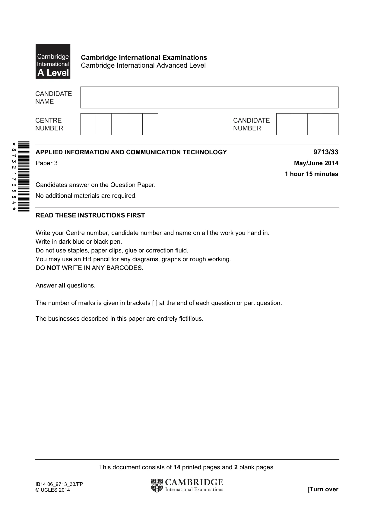 Cambridge A Level Applied Information and Communication Technology 9713 2014 May/June Paper 3 · Variant 3 question paper, page 1 of 16