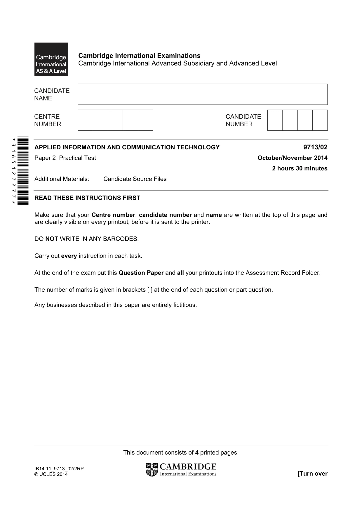 Cambridge A Level Applied Information and Communication Technology 9713 2014 Oct/Nov Paper 2 · Variant 1 question paper, page 1 of 4