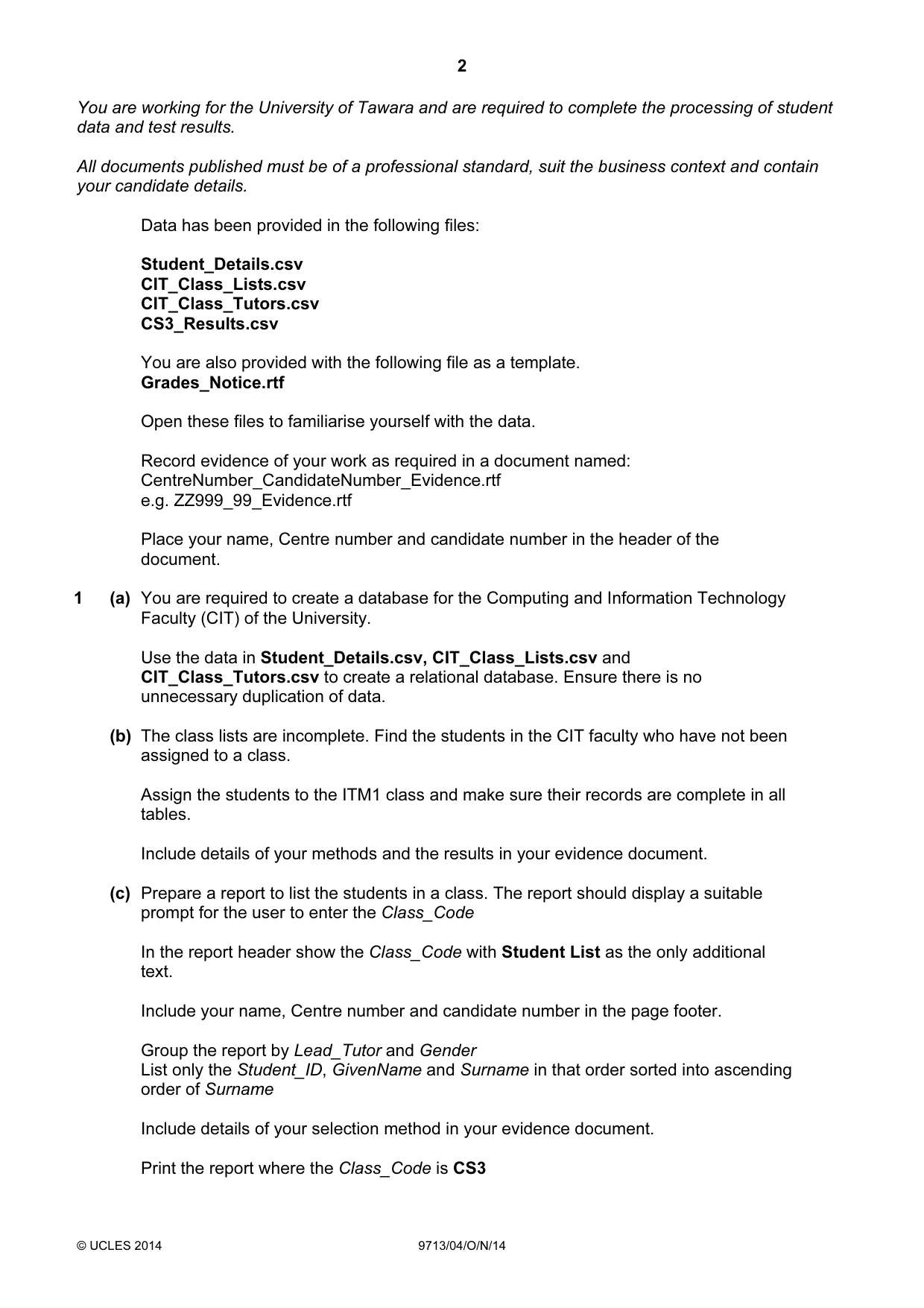 Cambridge A Level Applied Information and Communication Technology 9713 2014 Oct/Nov Paper 4 · Variant 1 question paper, page 2 of 8