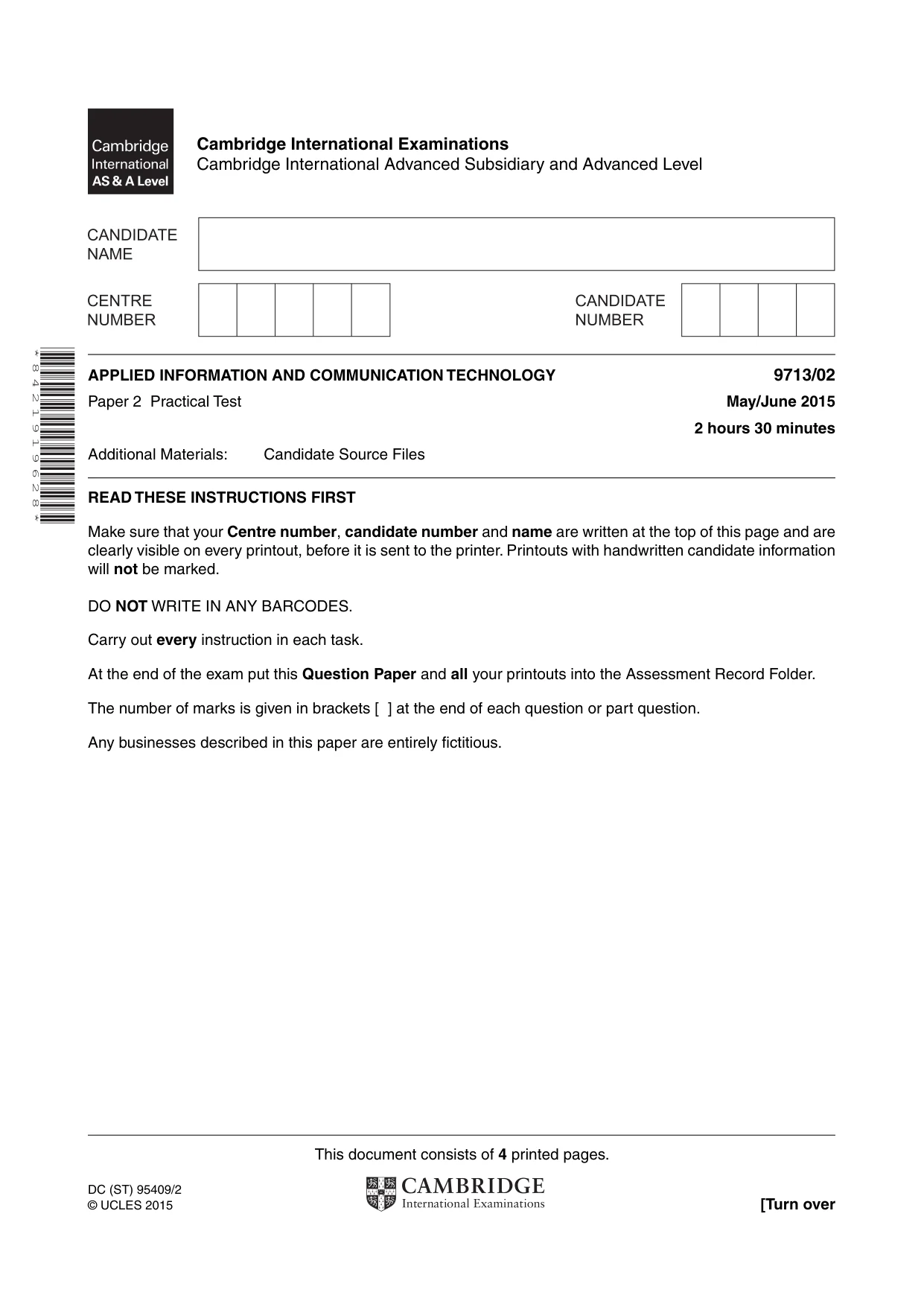 Cambridge A Level Applied Information and Communication Technology 9713 2015 May/June Paper 2 · Variant 1 question paper, page 1 of 4