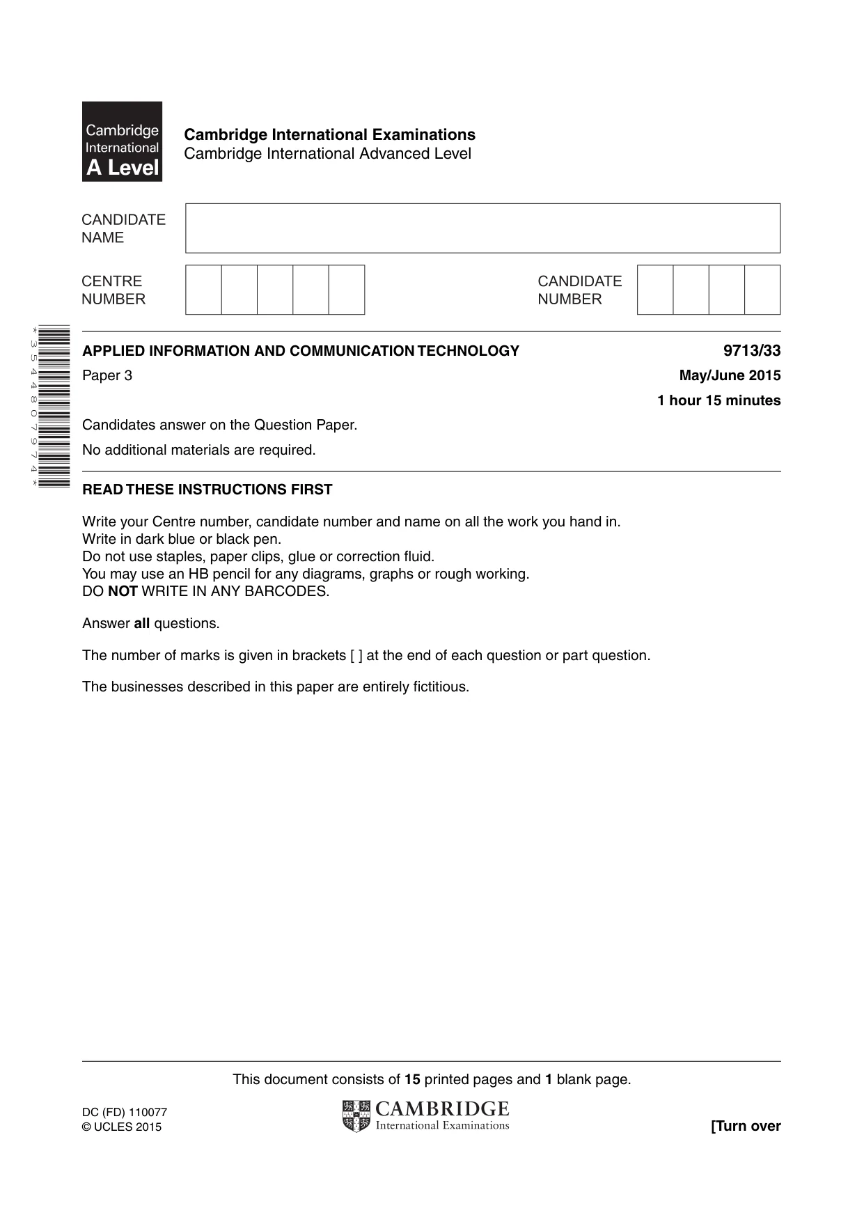 Cambridge A Level Applied Information and Communication Technology 9713 2015 May/June Paper 3 · Variant 3 question paper, page 1 of 16