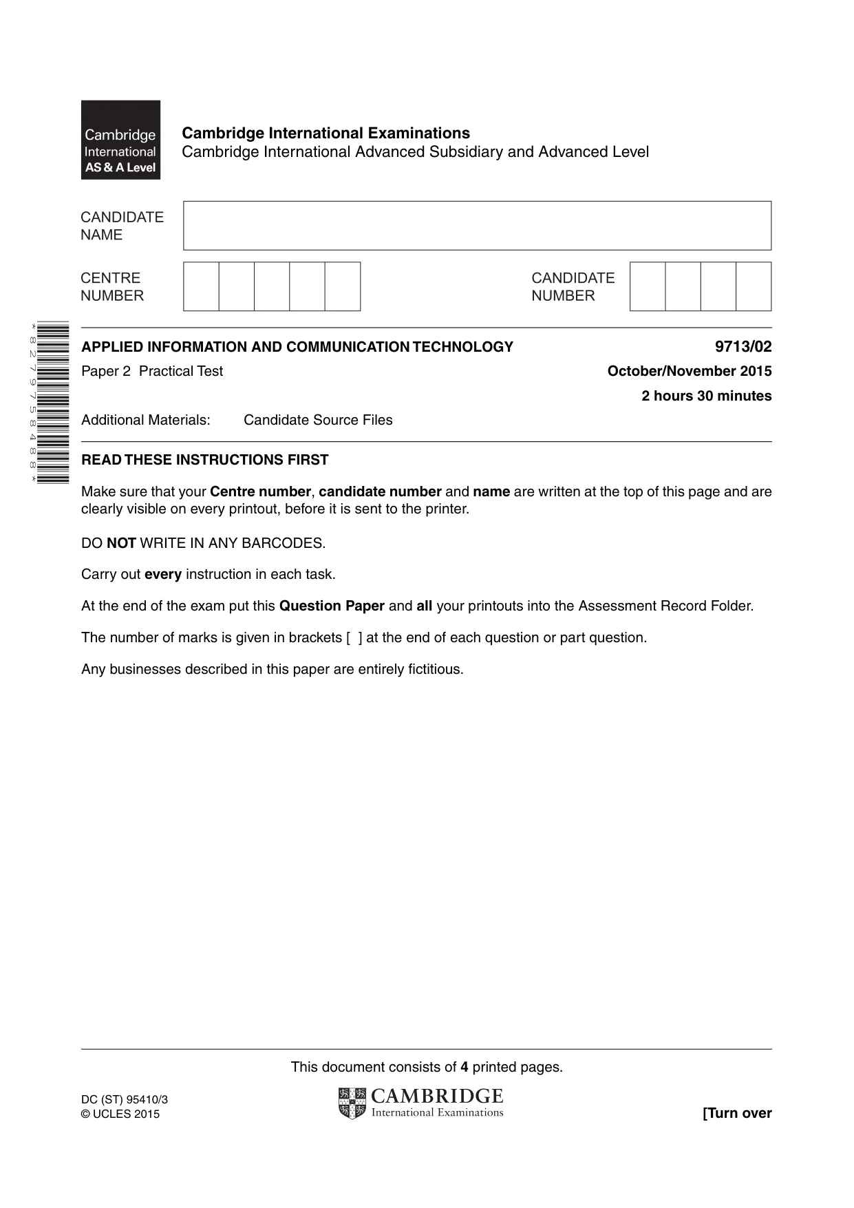 Cambridge A Level Applied Information and Communication Technology 9713 2015 Oct/Nov Paper 2 · Variant 0 question paper, page 1 of 4