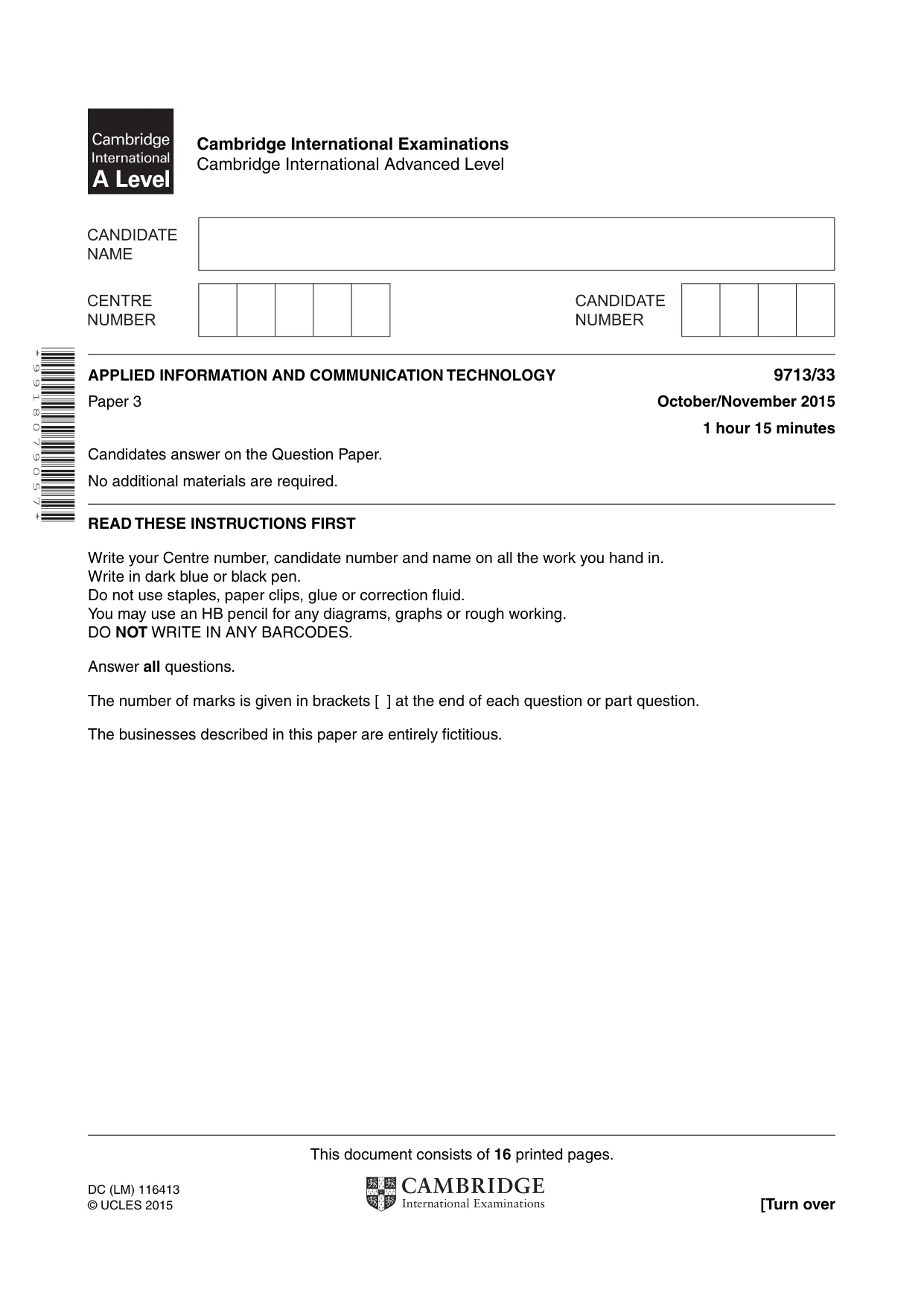 Cambridge A Level Applied Information and Communication Technology 9713 2015 Oct/Nov Paper 3 · Variant 3 question paper, page 1 of 16
