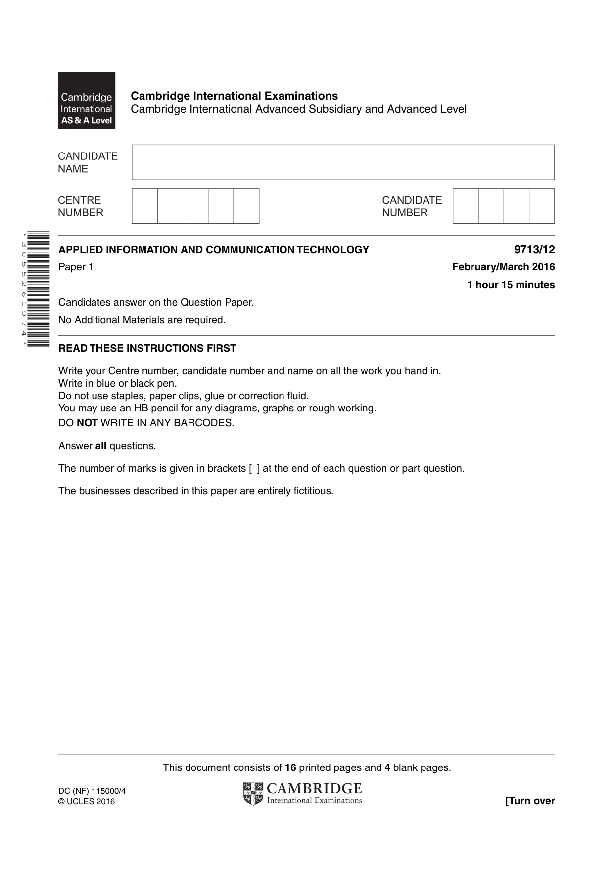 Cambridge A Level Applied Information and Communication Technology 9713 2016 Feb/March Paper 1 · Variant 2 question paper, page 1 of 20