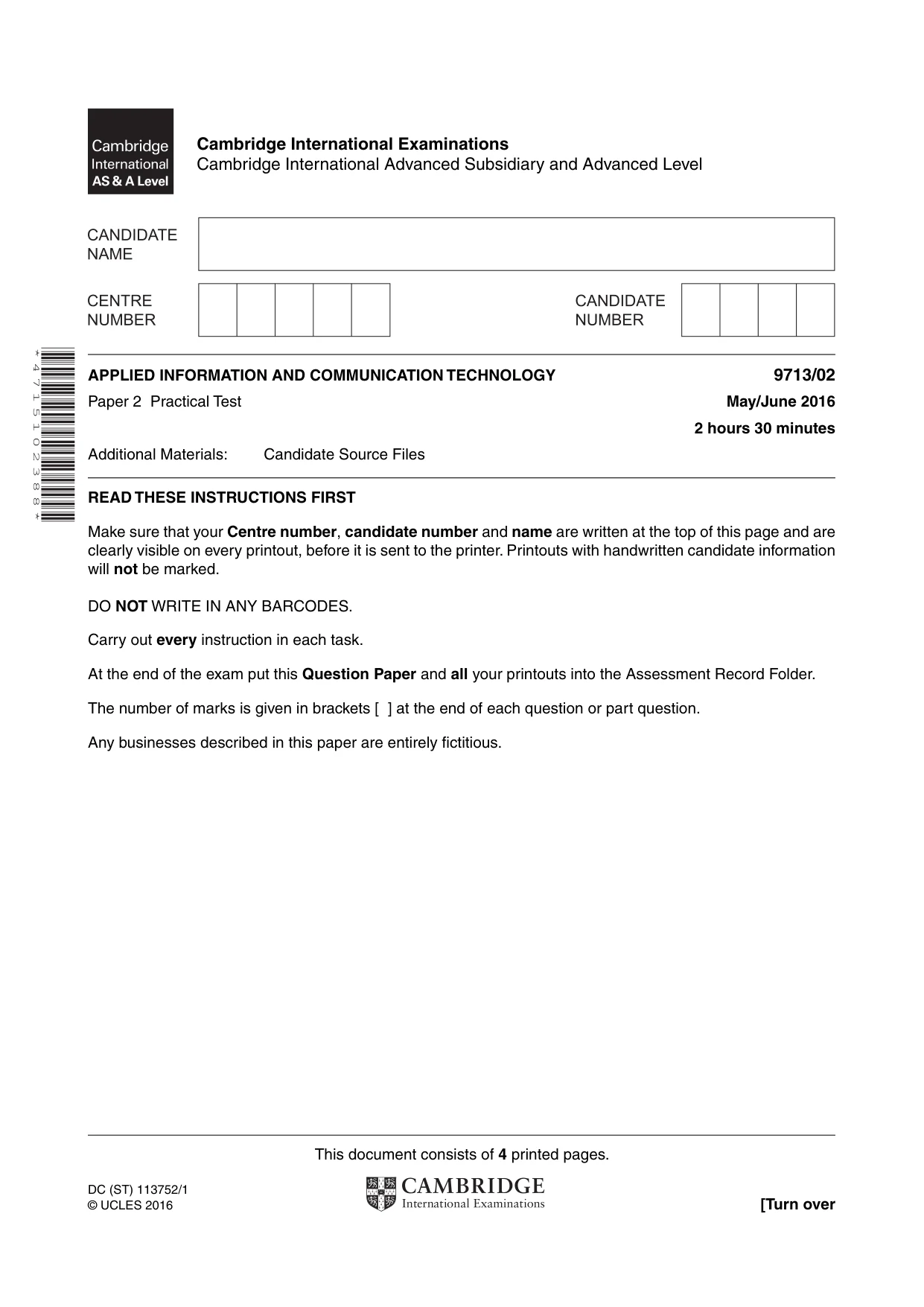 Cambridge A Level Applied Information and Communication Technology 9713 2016 May/June Paper 2 · Variant 0 question paper, page 1 of 4
