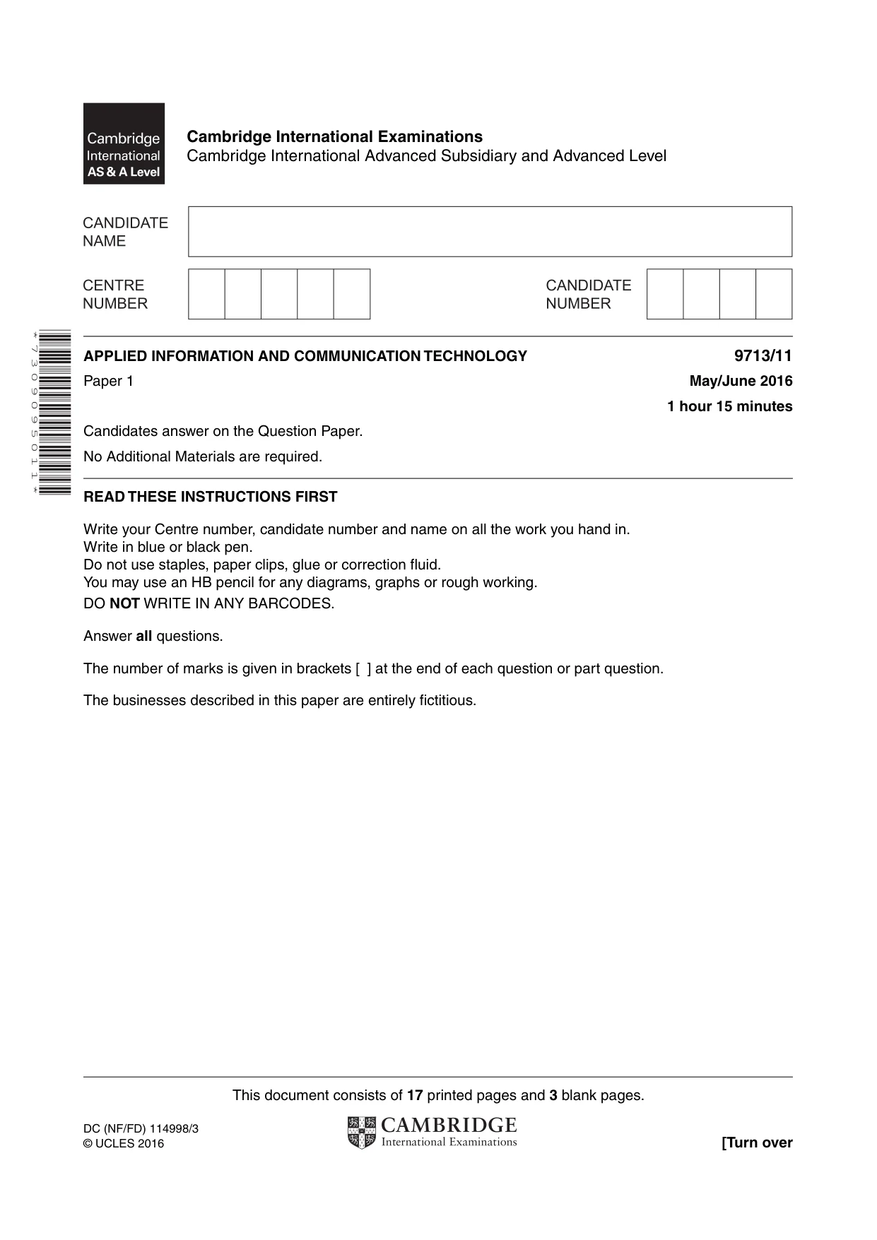 Cambridge A Level Applied Information and Communication Technology 9713 2016 May/June Paper 1 · Variant 1 question paper, page 1 of 20