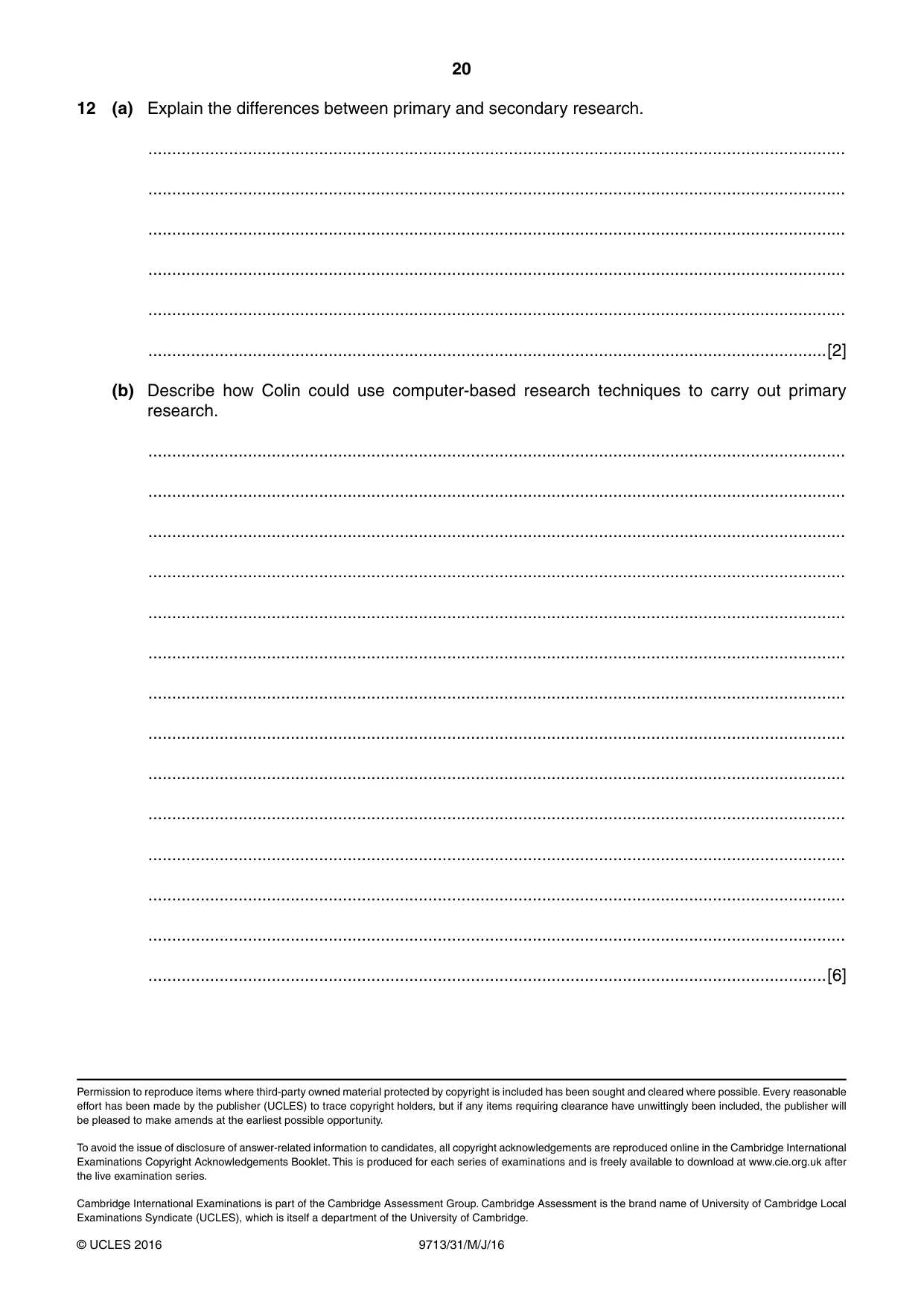 Cambridge A Level Applied Information and Communication Technology 9713 2016 May/June Paper 3 · Variant 1 question paper, page 20 of 20