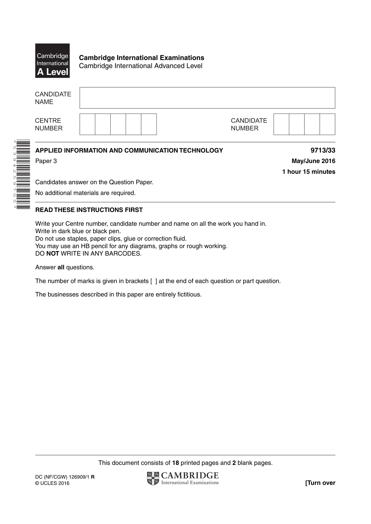 Cambridge A Level Applied Information and Communication Technology 9713 2016 May/June Paper 3 · Variant 3 question paper, page 1 of 20