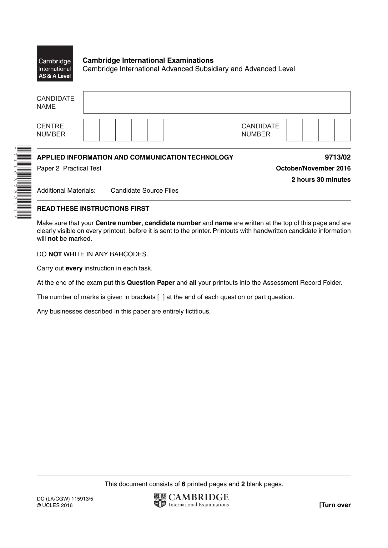 Cambridge A Level Applied Information and Communication Technology 9713 2016 Oct/Nov Paper 2 · Variant 1 question paper, page 1 of 8