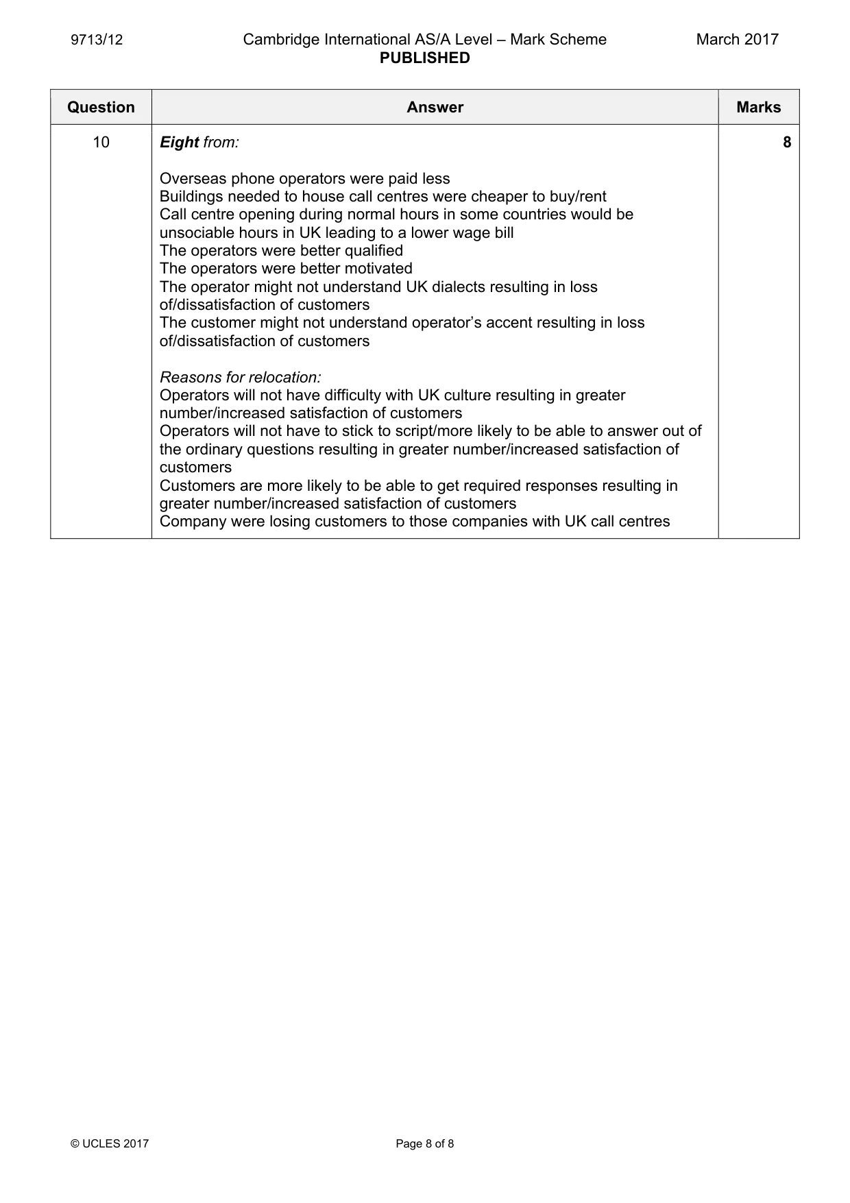 Mark scheme, page 8 of 8