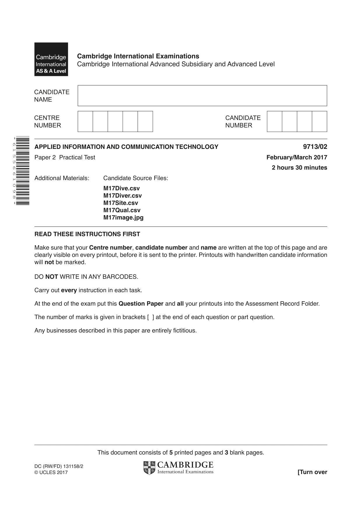 Cambridge A Level Applied Information and Communication Technology 9713 2017 Feb/March Paper 2 · Variant 1 question paper, page 1 of 8