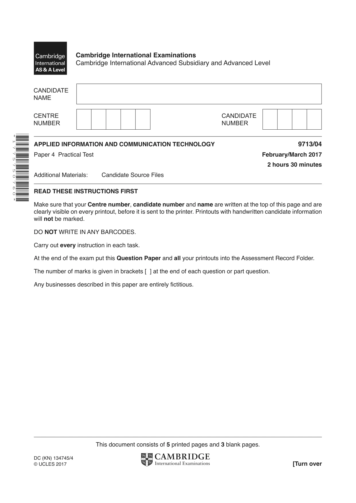 Cambridge A Level Applied Information and Communication Technology 9713 2017 Feb/March Paper 4 · Variant 1 question paper, page 1 of 8