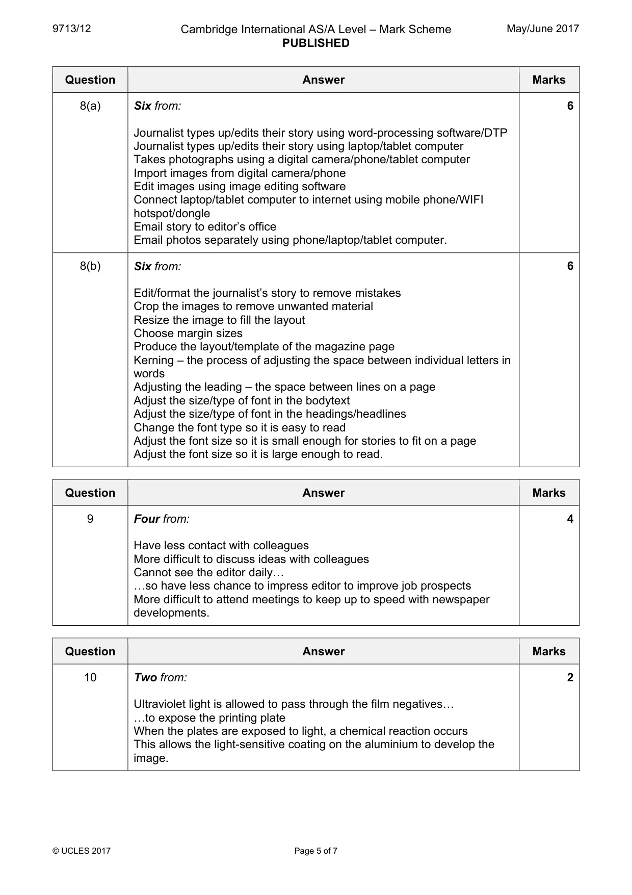 Mark scheme, page 5 of 7
