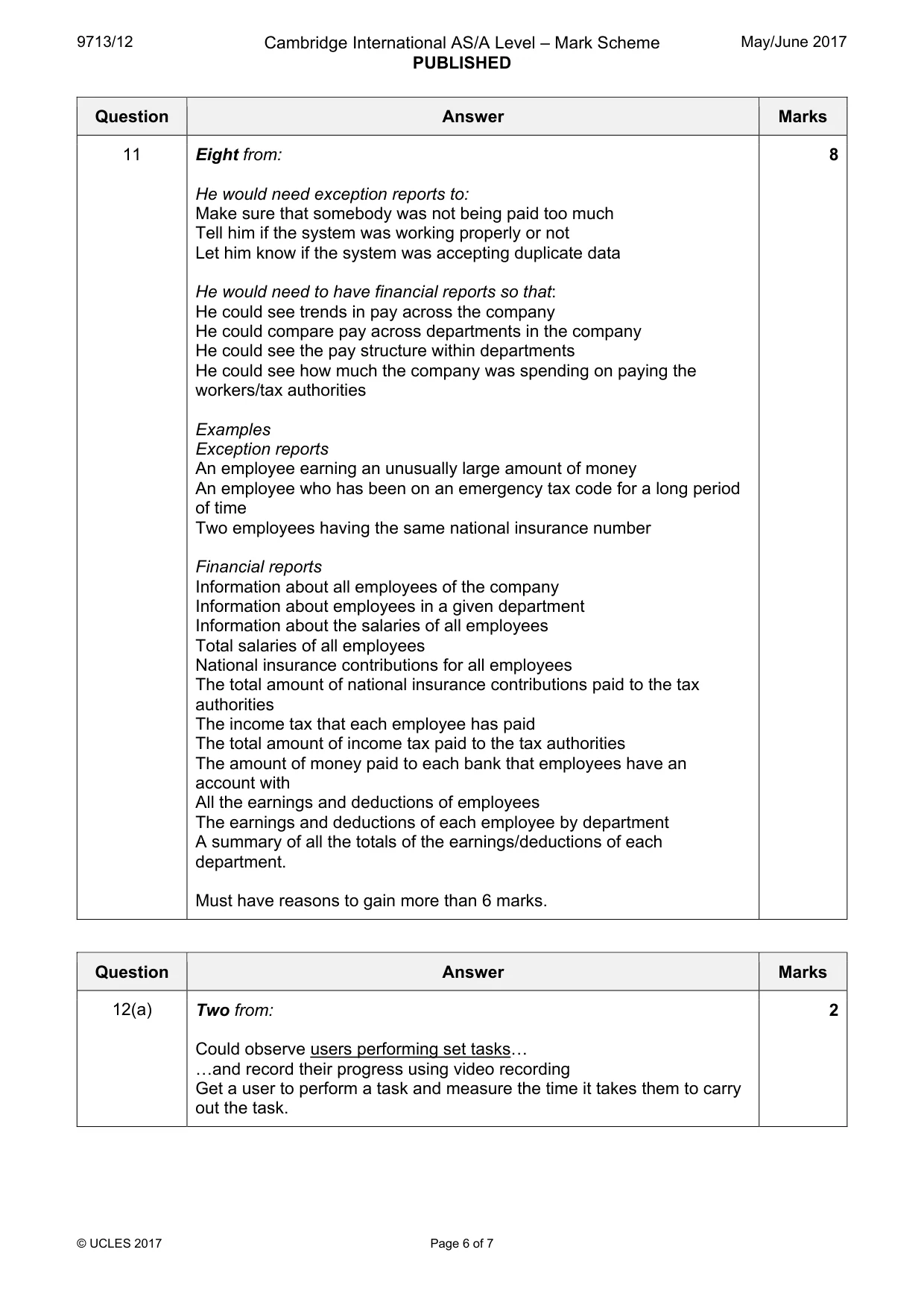 Mark scheme, page 6 of 7