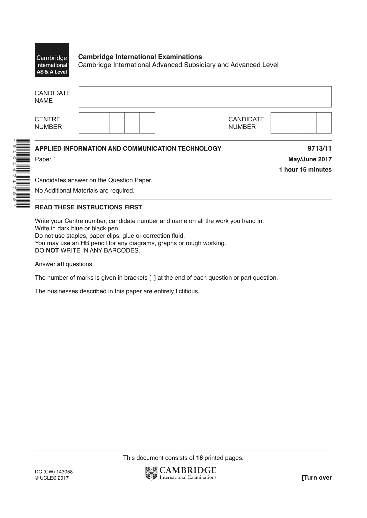 Cambridge A Level Applied Information and Communication Technology 9713 2017 May/June Paper 1 · Variant 1 question paper, page 1 of 16