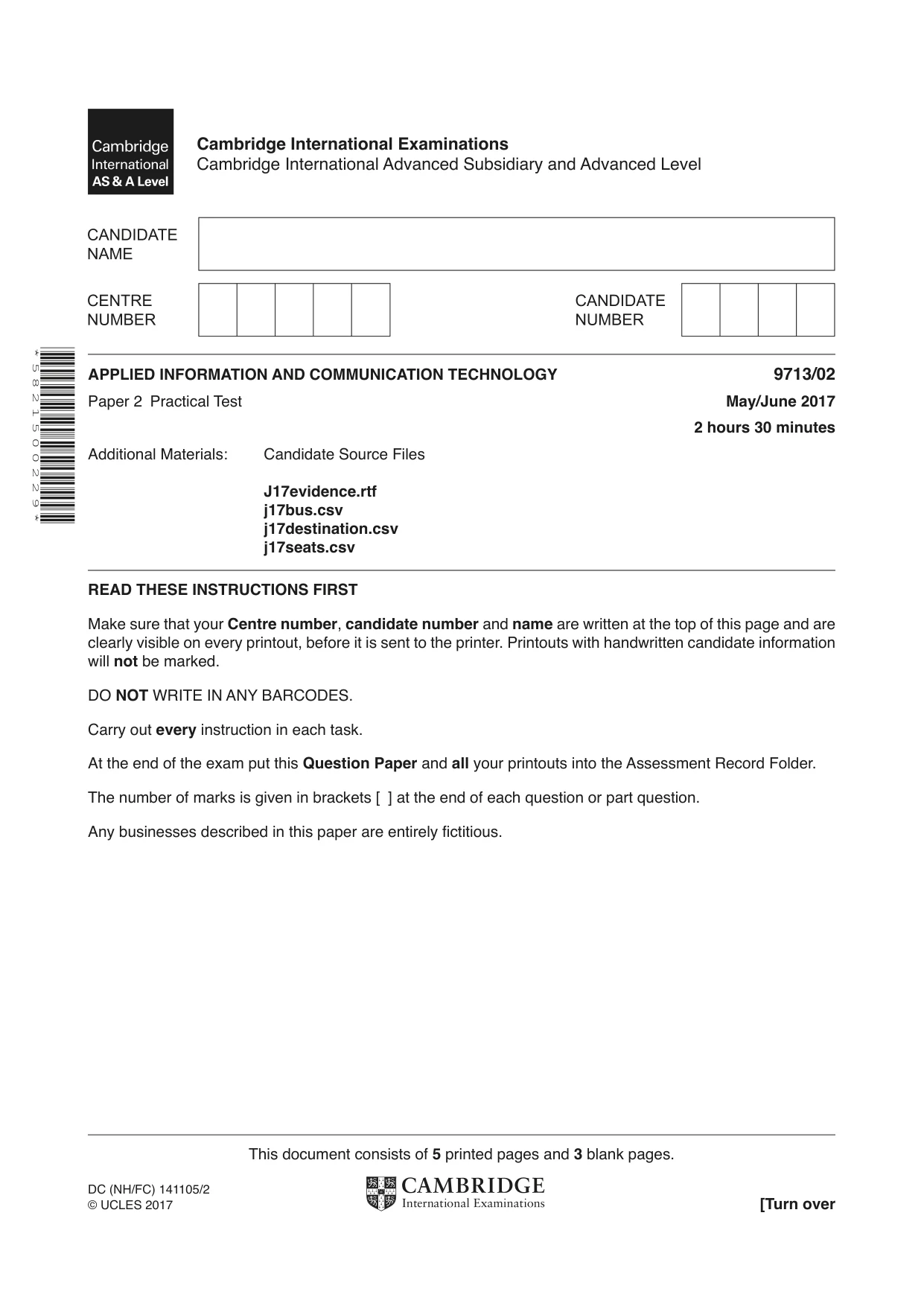 Cambridge A Level Applied Information and Communication Technology 9713 2017 May/June Paper 2 · Variant 1 question paper, page 1 of 8