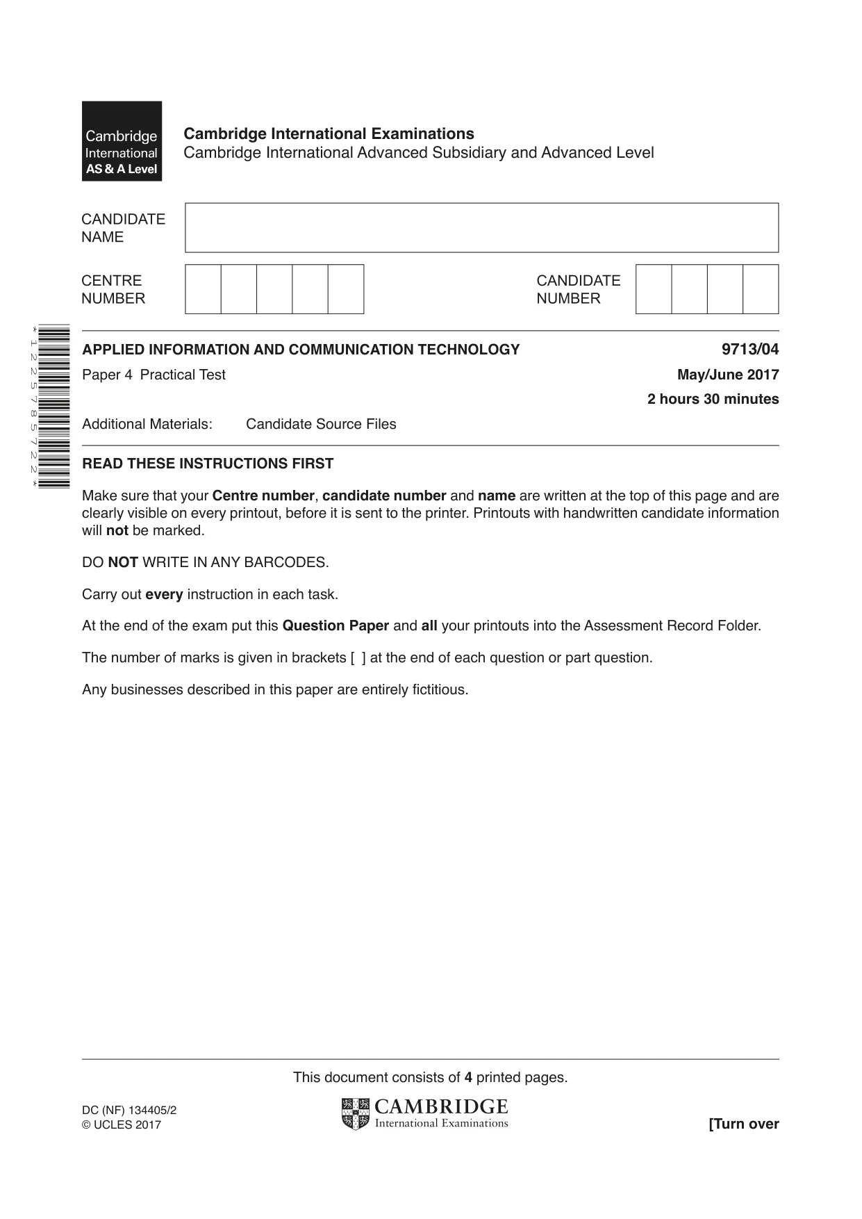 Cambridge A Level Applied Information and Communication Technology 9713 2017 May/June Paper 4 · Variant 1 question paper, page 1 of 4