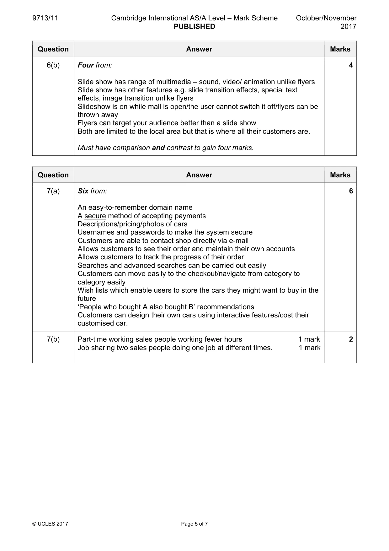 Mark scheme, page 5 of 7