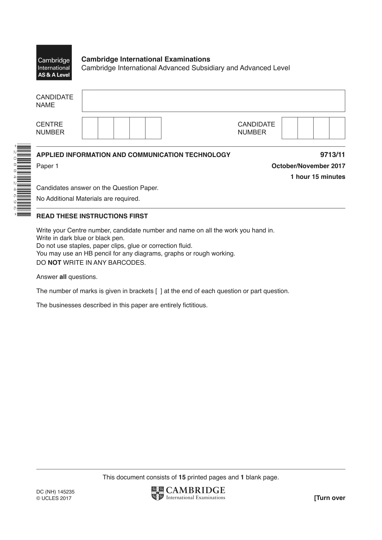 Cambridge A Level Applied Information and Communication Technology 9713 2017 Oct/Nov Paper 1 · Variant 1 question paper, page 1 of 16