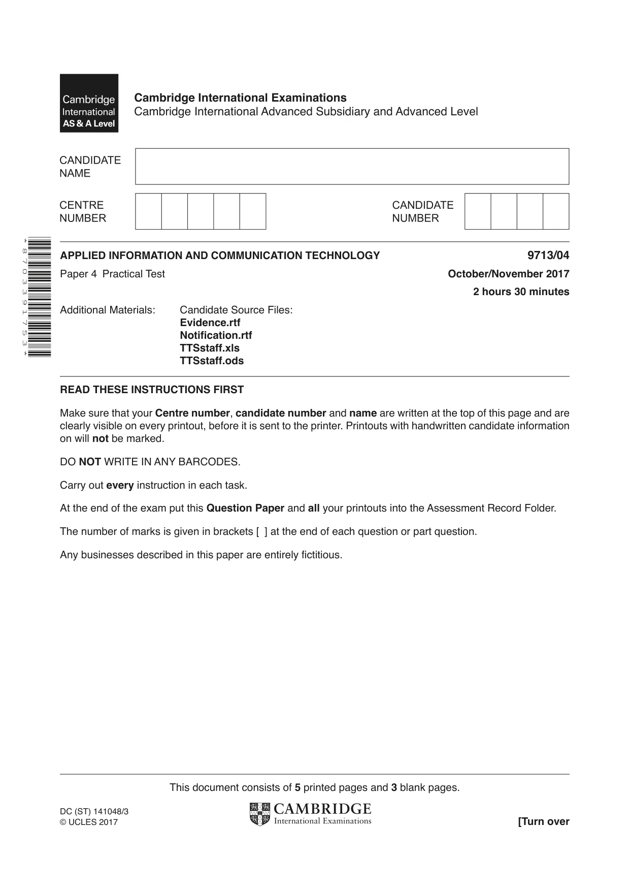 Cambridge A Level Applied Information and Communication Technology 9713 2017 Oct/Nov Paper 4 · Variant 1 question paper, page 1 of 8