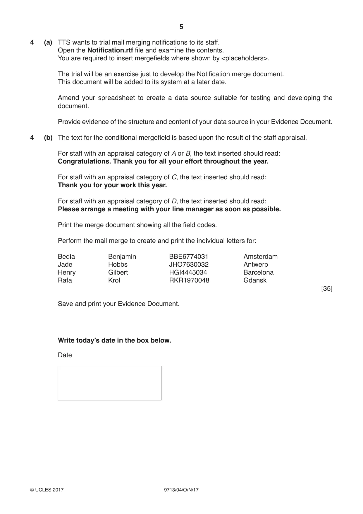 Cambridge A Level Applied Information and Communication Technology 9713 2017 Oct/Nov Paper 4 · Variant 1 question paper, page 5 of 8
